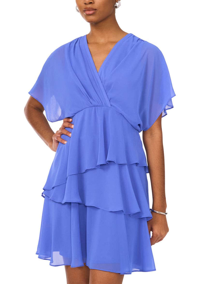 Womens Short Sleeve V-Neck Solid Chiffon Fit and Flare Dress