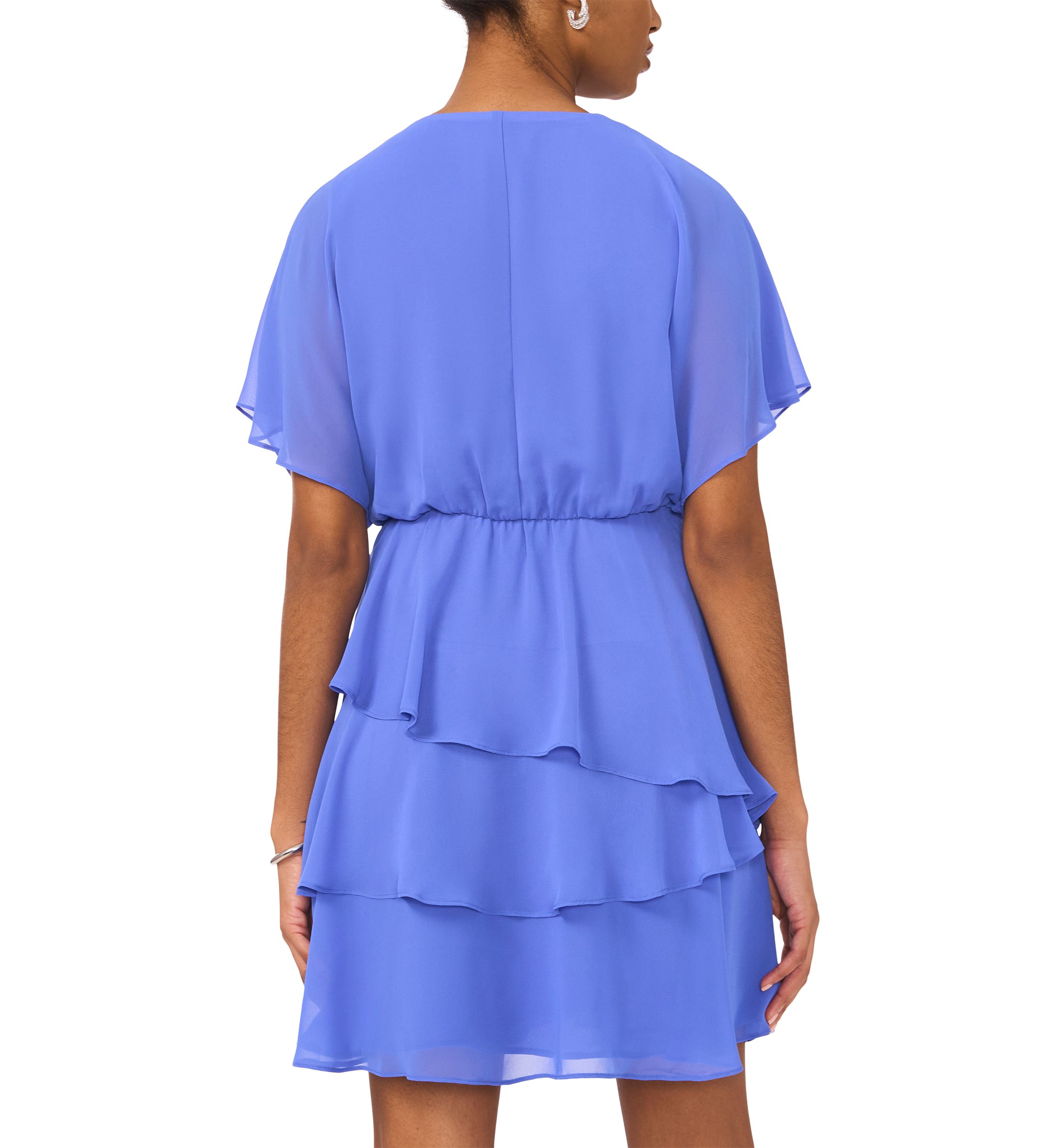 Womens Short Sleeve V-Neck Solid Chiffon Fit and Flare Dress