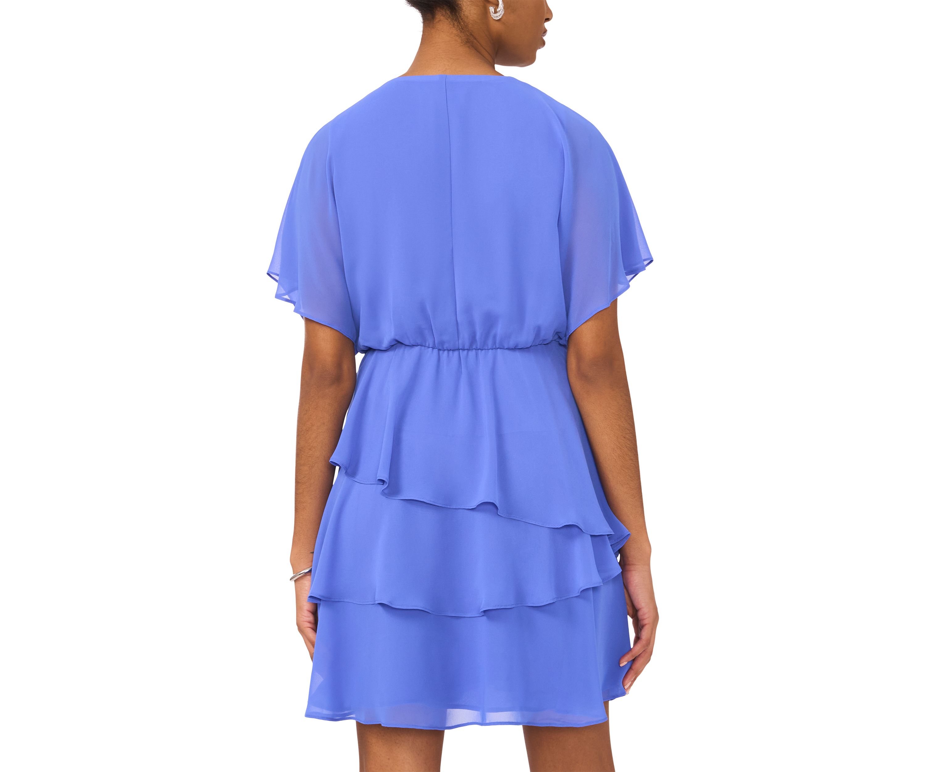 Womens Short Sleeve V-Neck Solid Chiffon Fit and Flare Dress