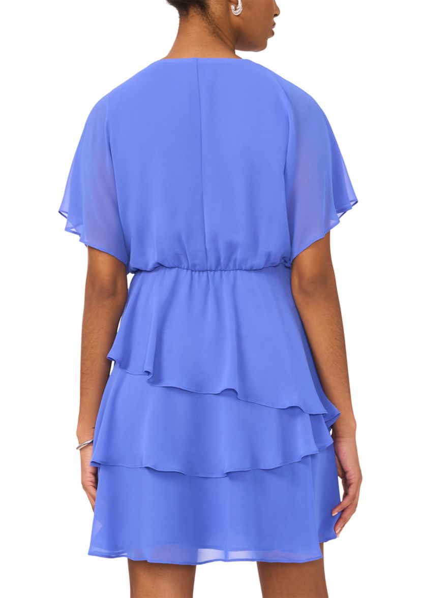 Womens Short Sleeve V-Neck Solid Chiffon Fit and Flare Dress