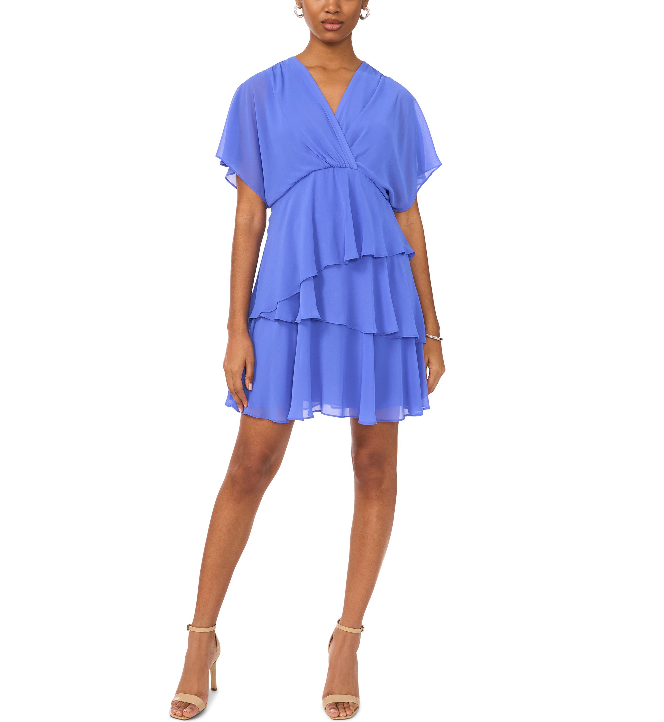 Womens Short Sleeve V-Neck Solid Chiffon Fit and Flare Dress