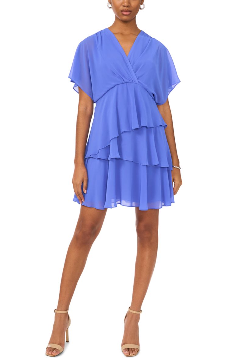 Womens Short Sleeve V-Neck Solid Chiffon Fit and Flare Dress