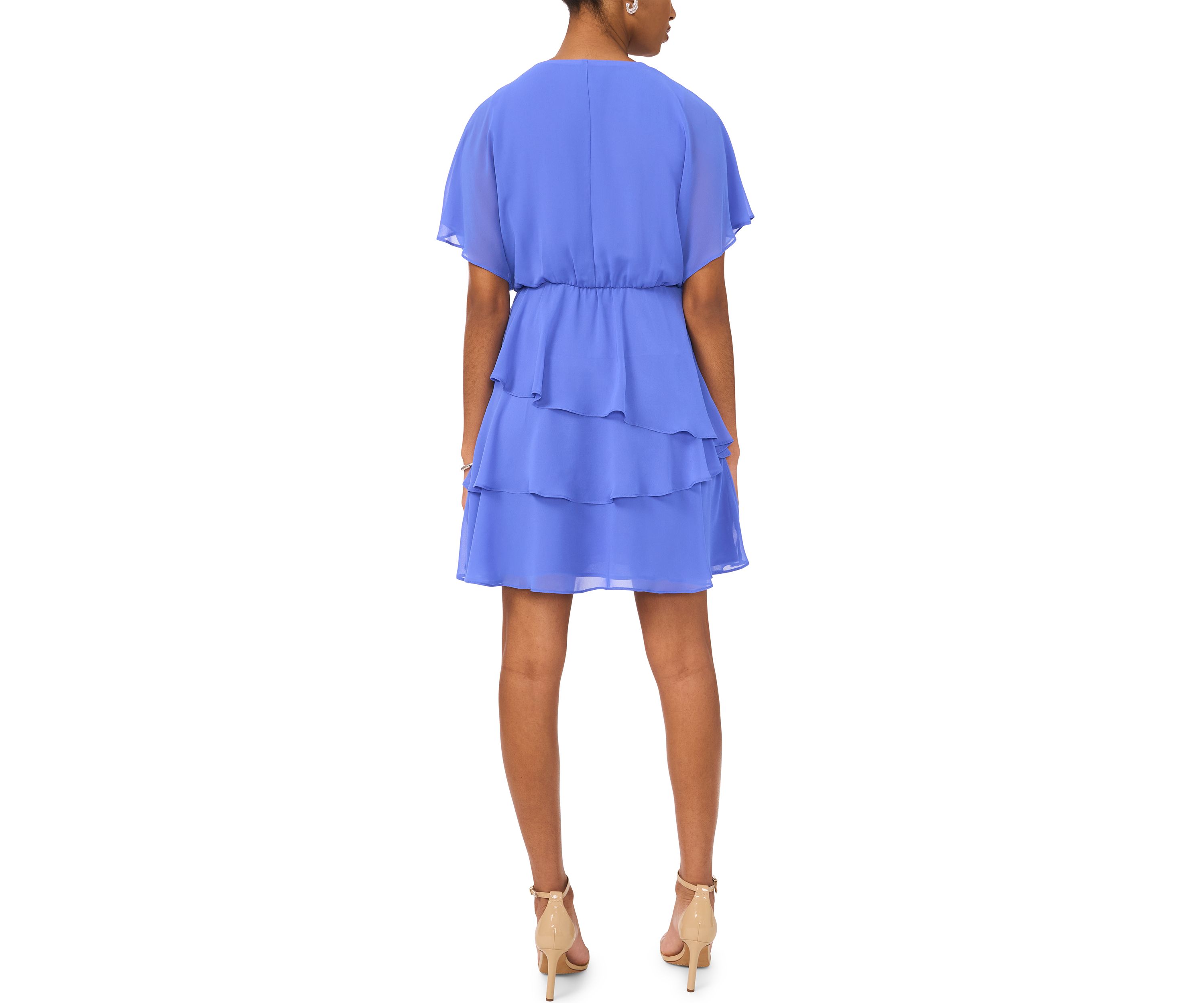 Womens Short Sleeve V-Neck Solid Chiffon Fit and Flare Dress