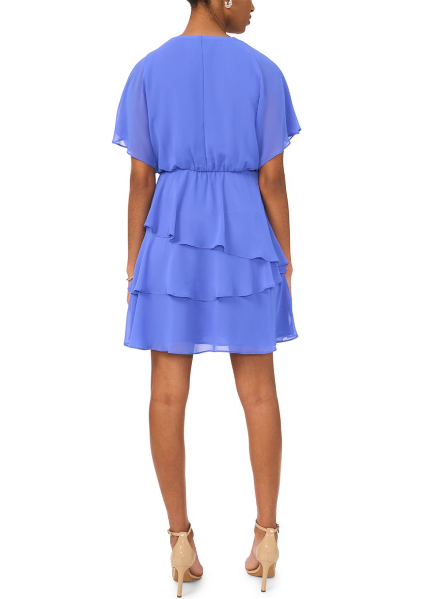 Womens Short Sleeve V-Neck Solid Chiffon Fit and Flare Dress