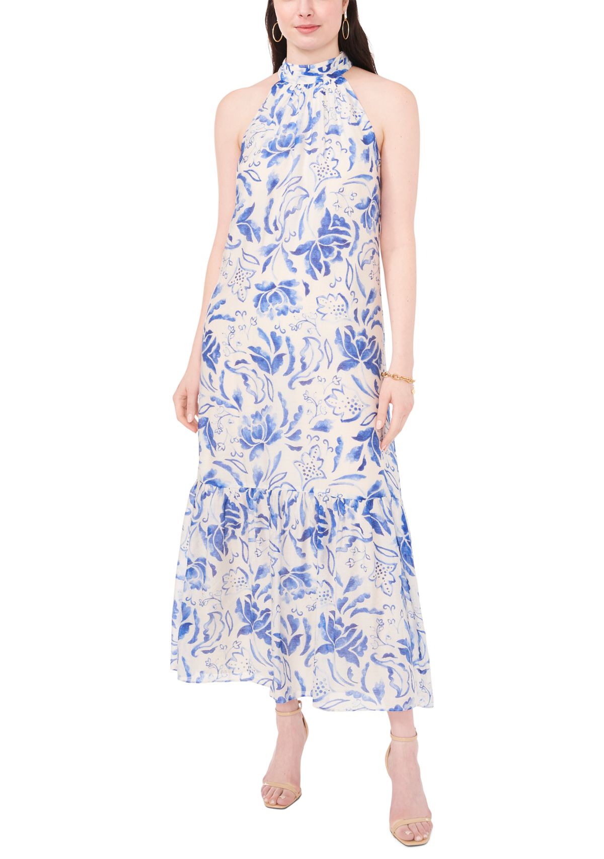 Womens Sleeveless Halter Neck A-Line Maxi Dress
