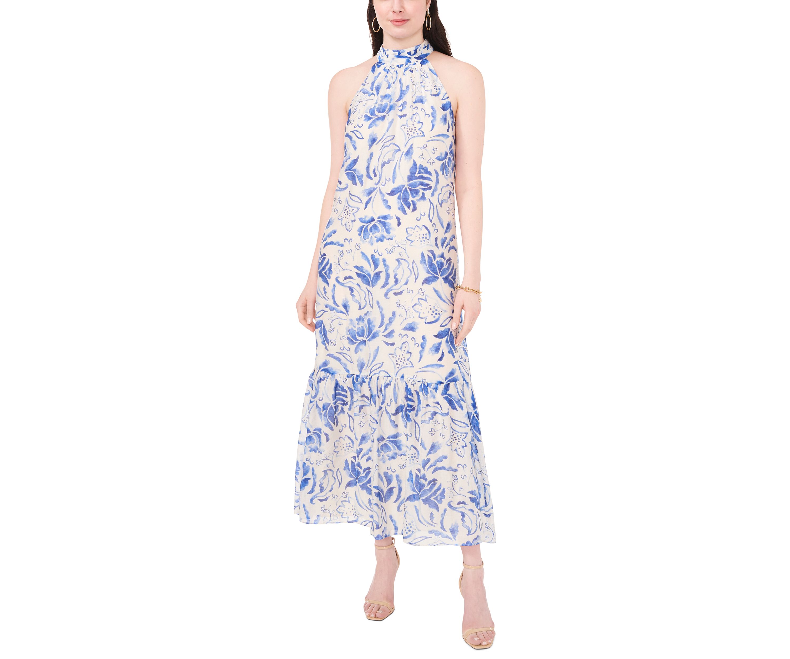 Womens Sleeveless Halter Neck A-Line Maxi Dress