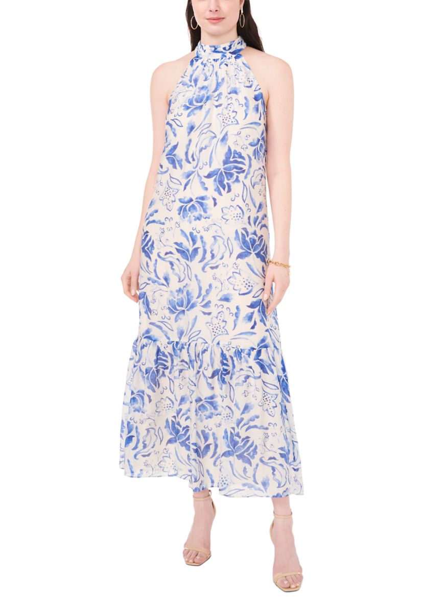 Womens Sleeveless Halter Neck A-Line Maxi Dress