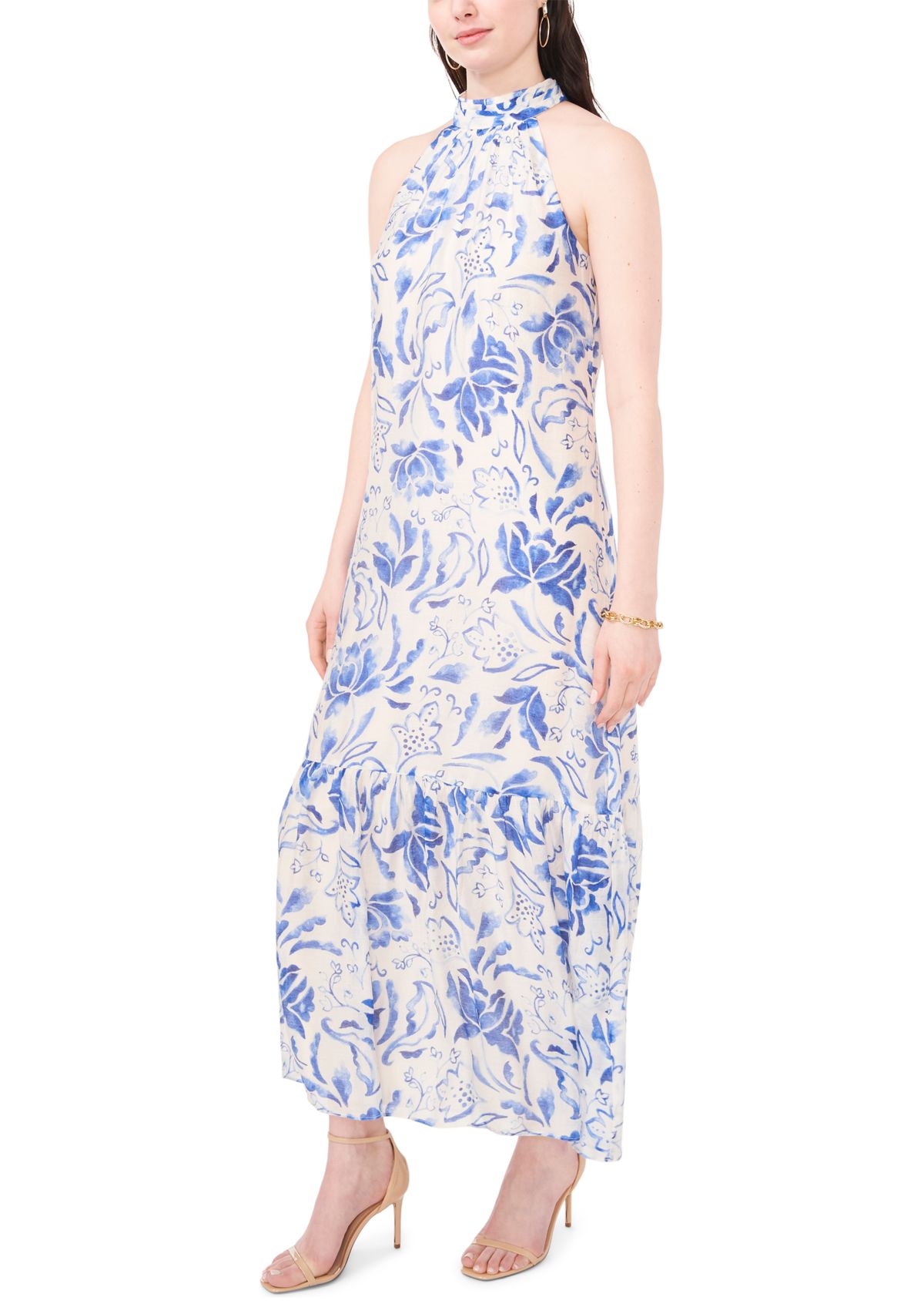 Womens Sleeveless Halter Neck A-Line Maxi Dress