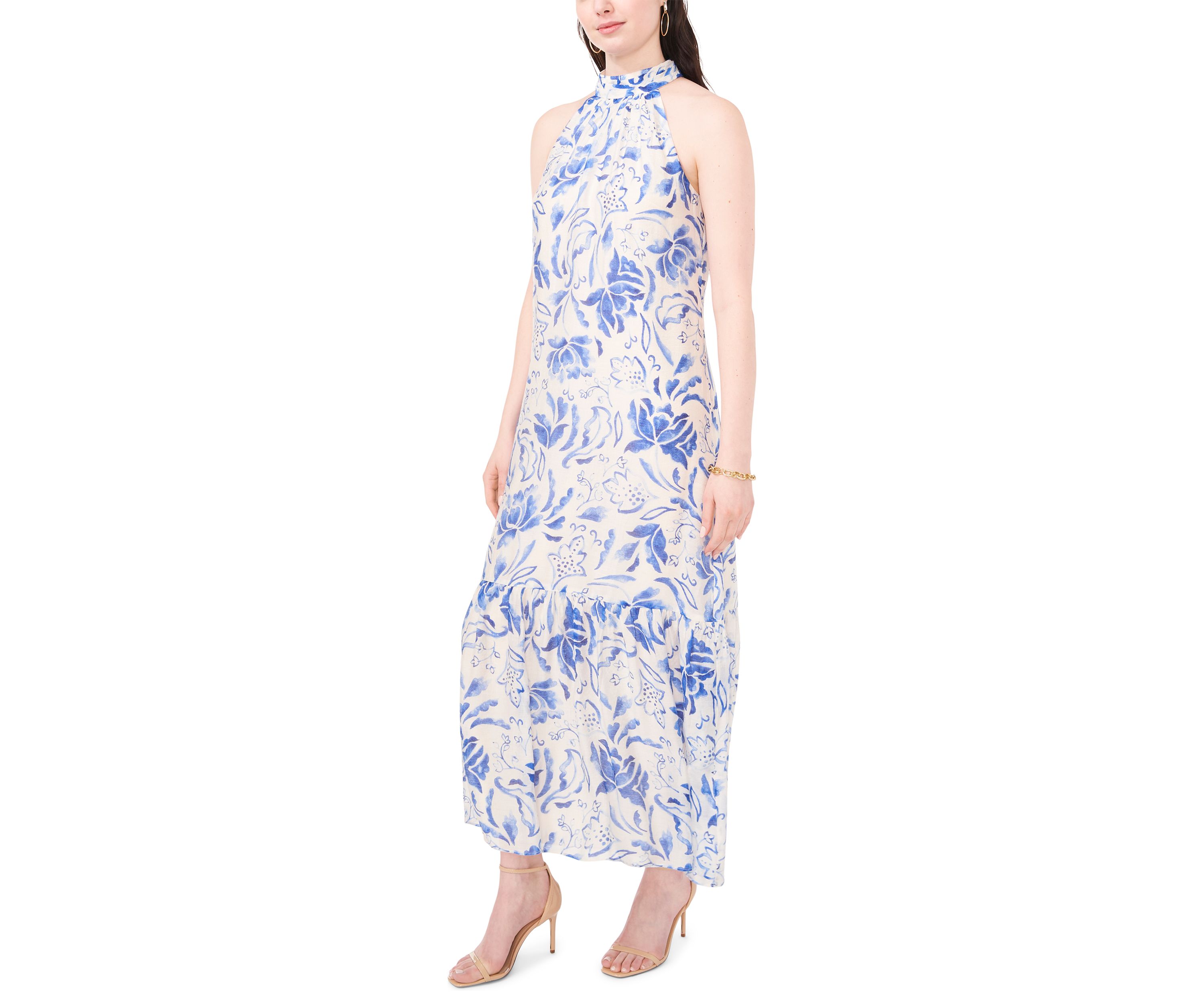 Womens Sleeveless Halter Neck A-Line Maxi Dress