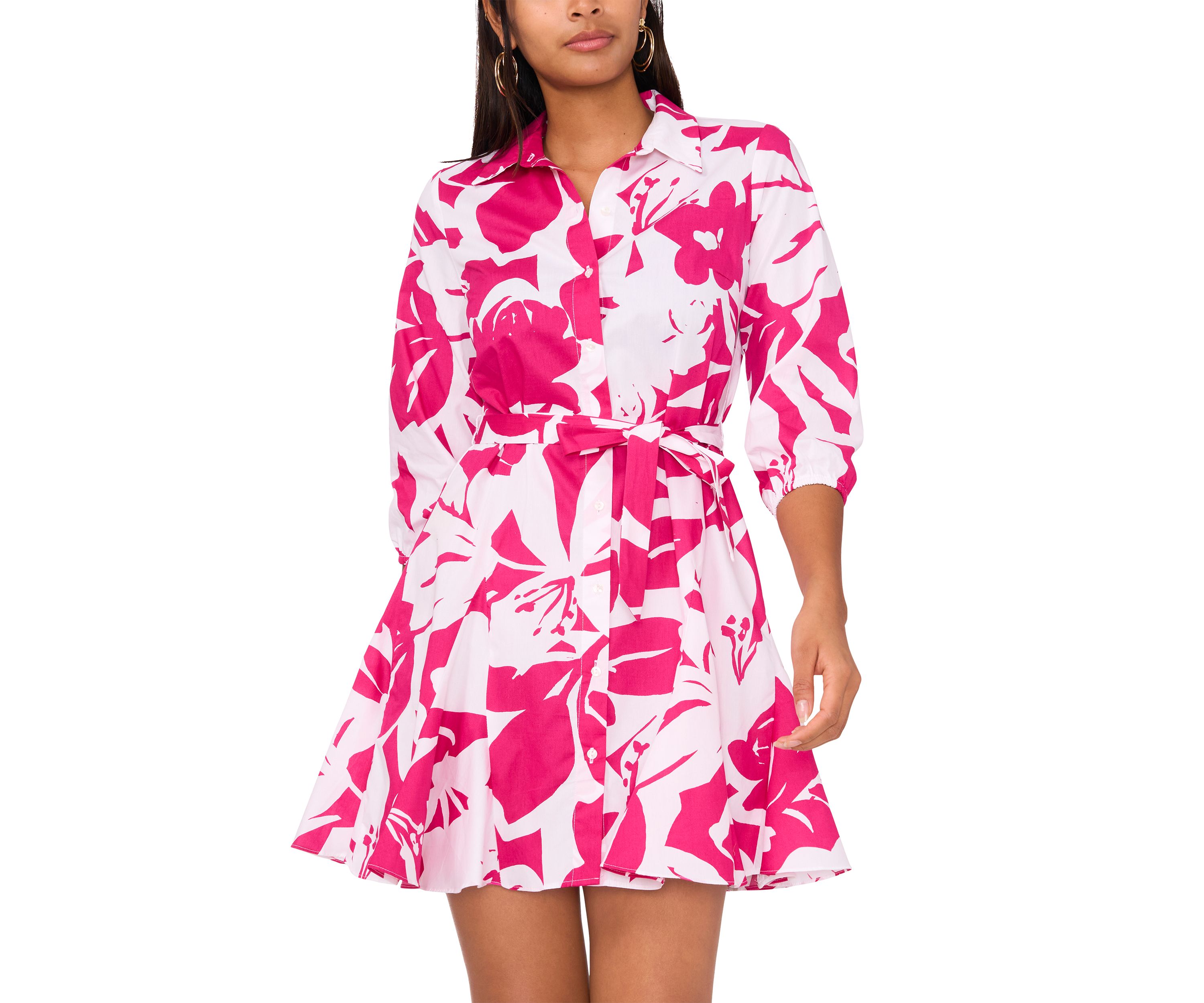 Womens 3/4 Sleeve Collared Printed Dress