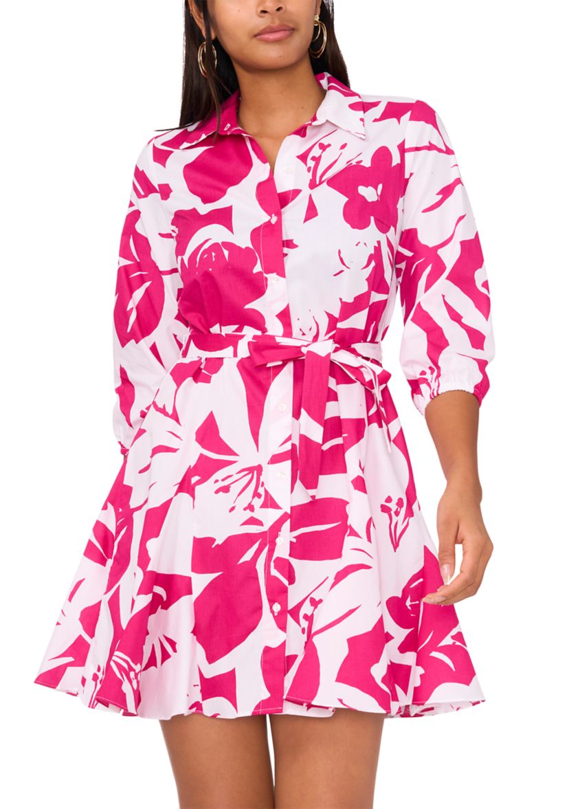 Womens 3/4 Sleeve Collared Printed Dress