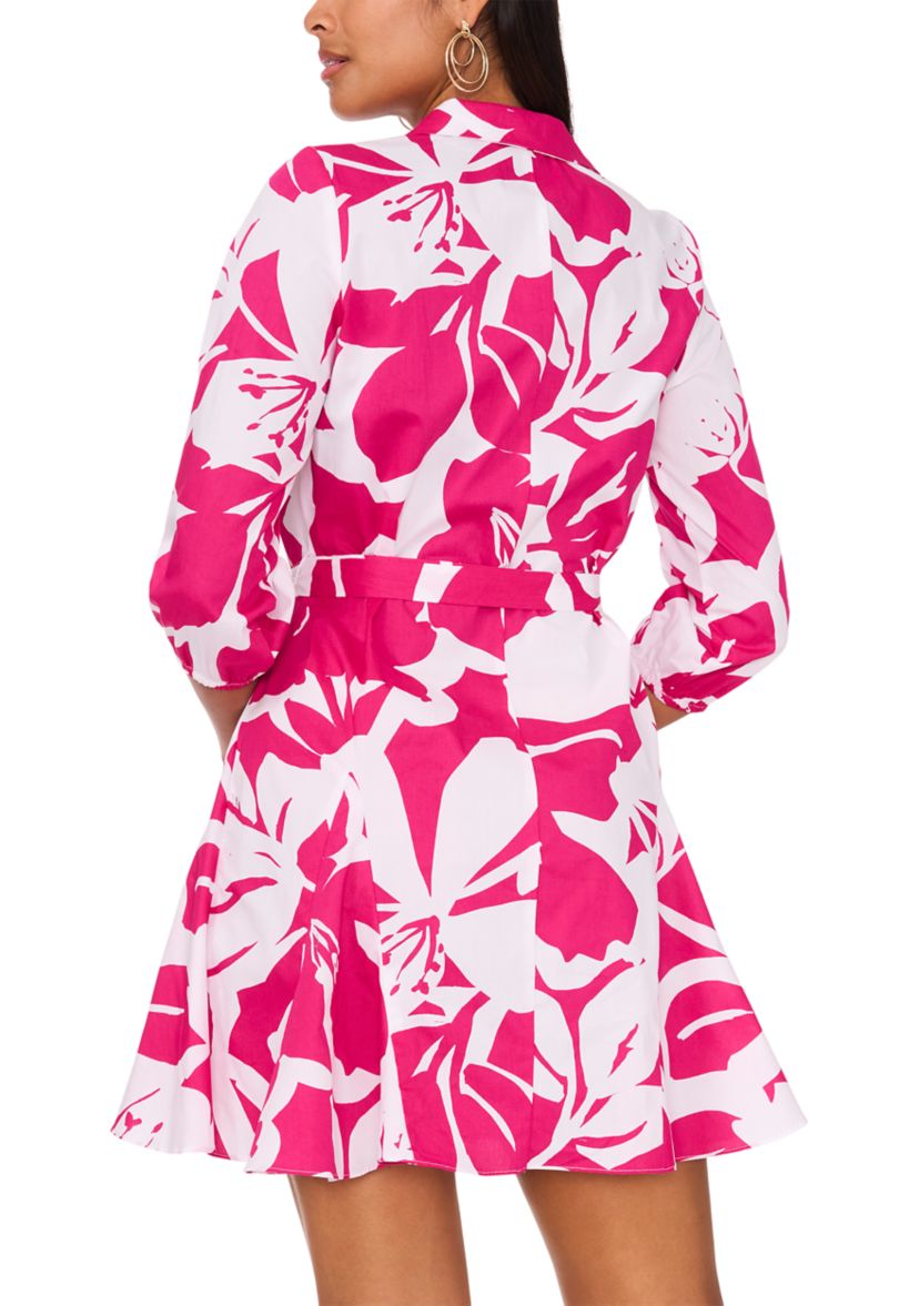 Womens 3/4 Sleeve Collared Printed Dress