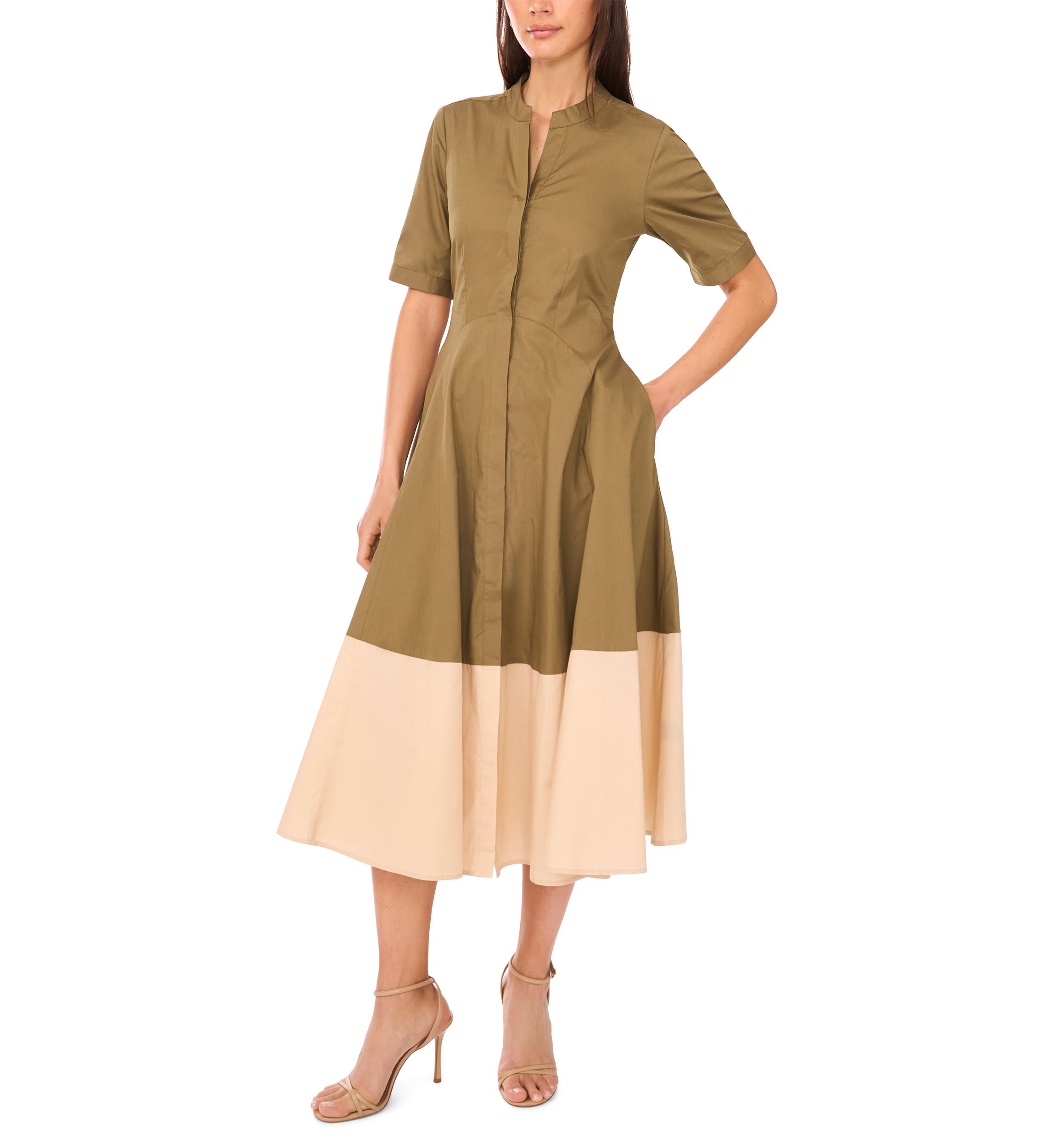 Womens Short Sleeve Collared Split Neck Shirted Dress