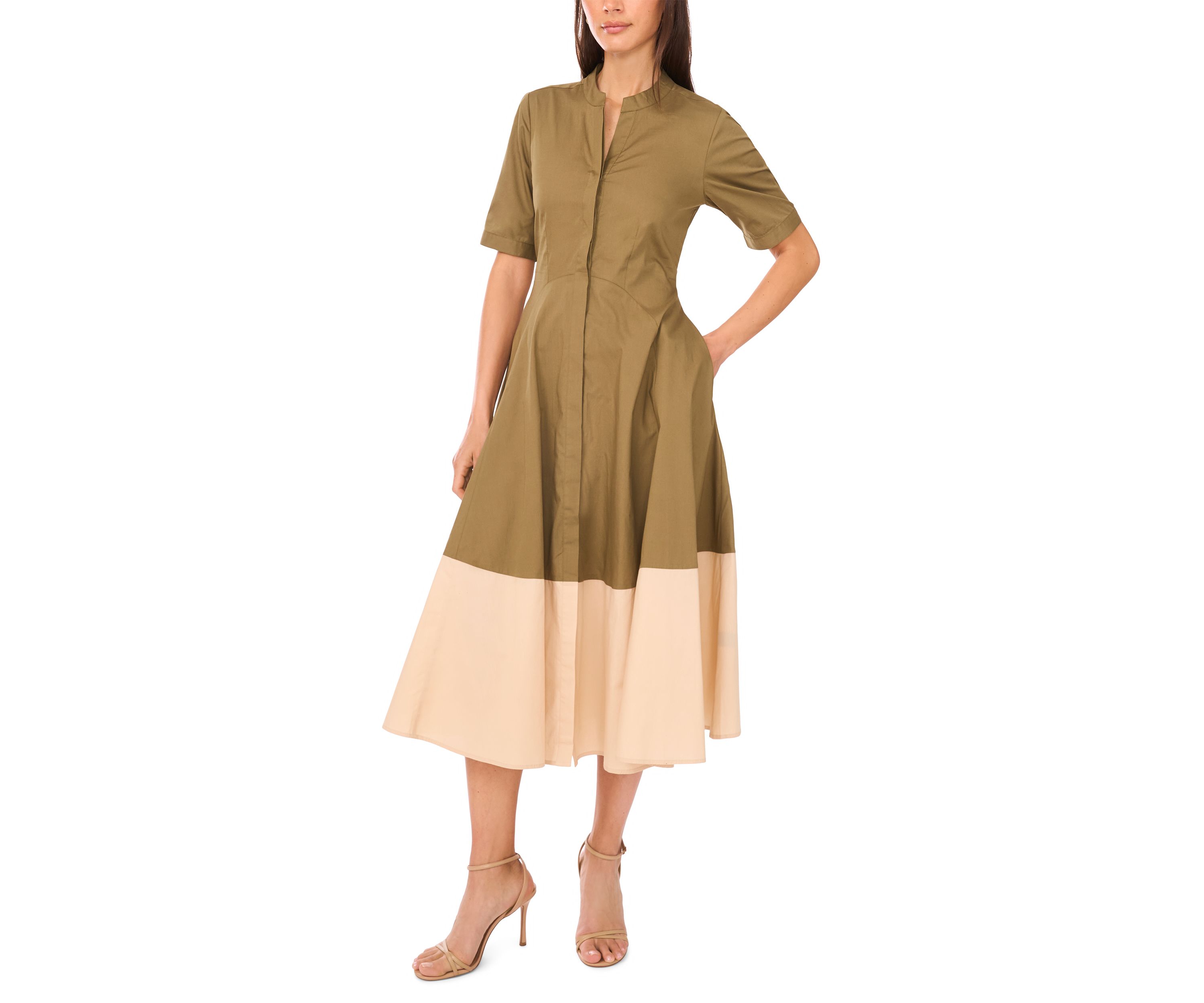 Womens Short Sleeve Collared Split Neck Shirted Dress