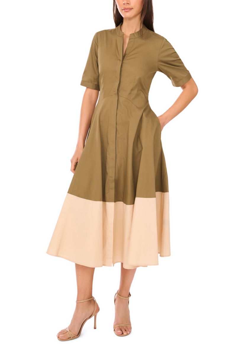 Womens Short Sleeve Collared Split Neck Shirted Dress
