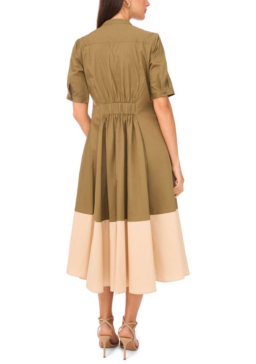 Womens Short Sleeve Collared Split Neck Shirted Dress