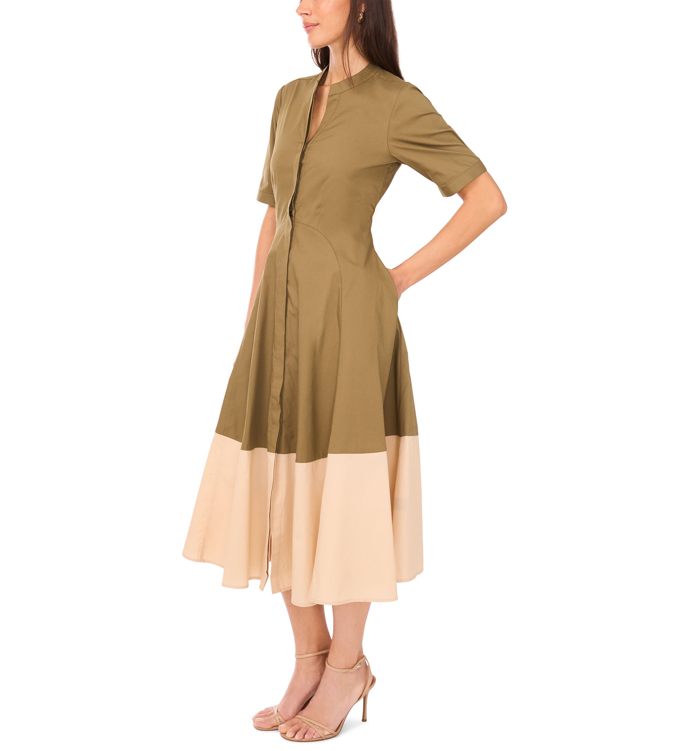 Womens Short Sleeve Collared Split Neck Shirted Dress