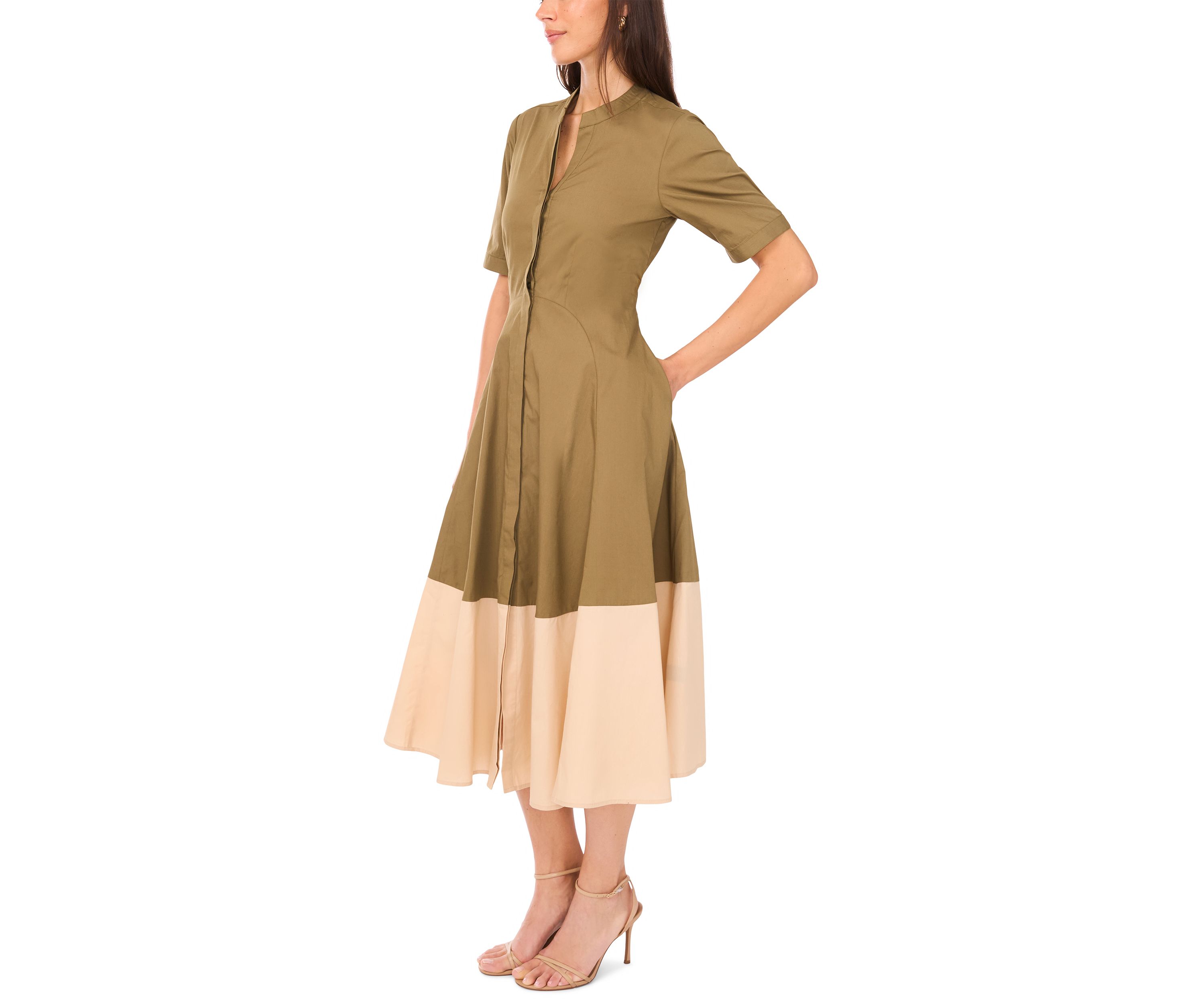 Womens Short Sleeve Collared Split Neck Shirted Dress