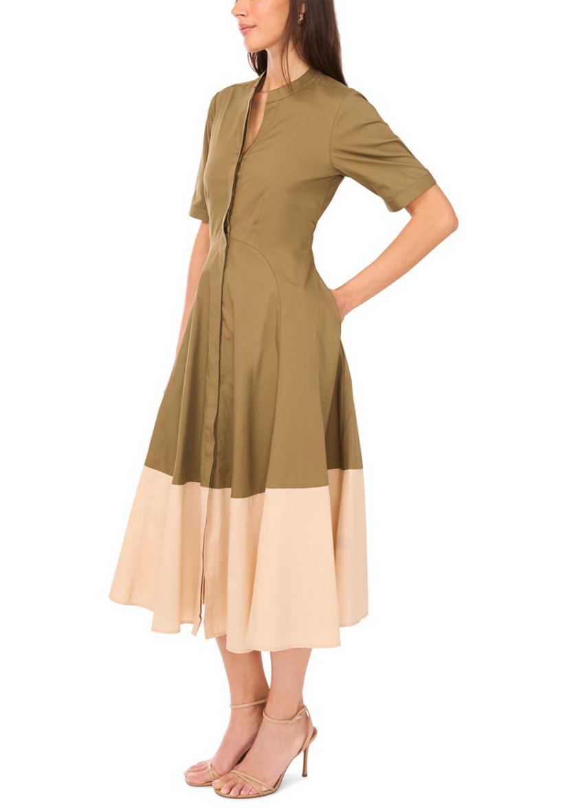 Womens Short Sleeve Collared Split Neck Shirted Dress