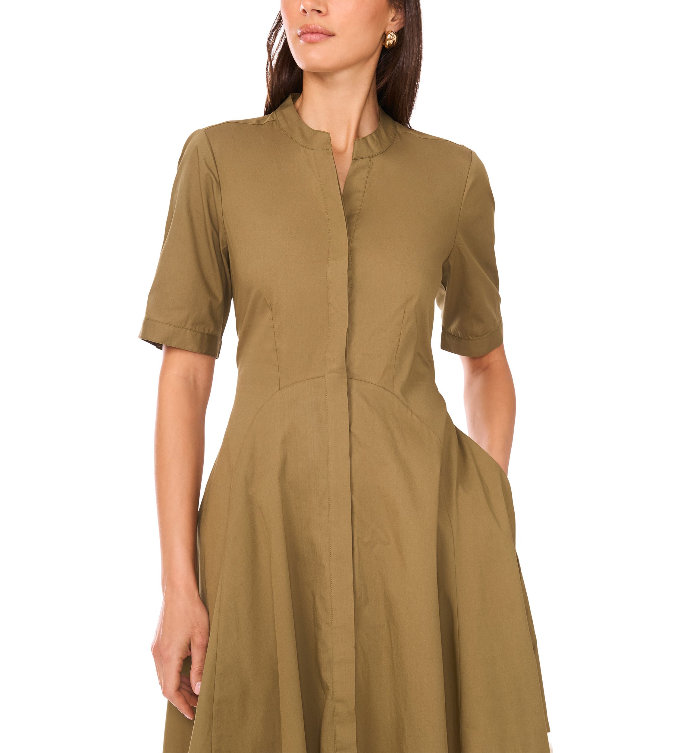 Womens Short Sleeve Collared Split Neck Shirted Dress
