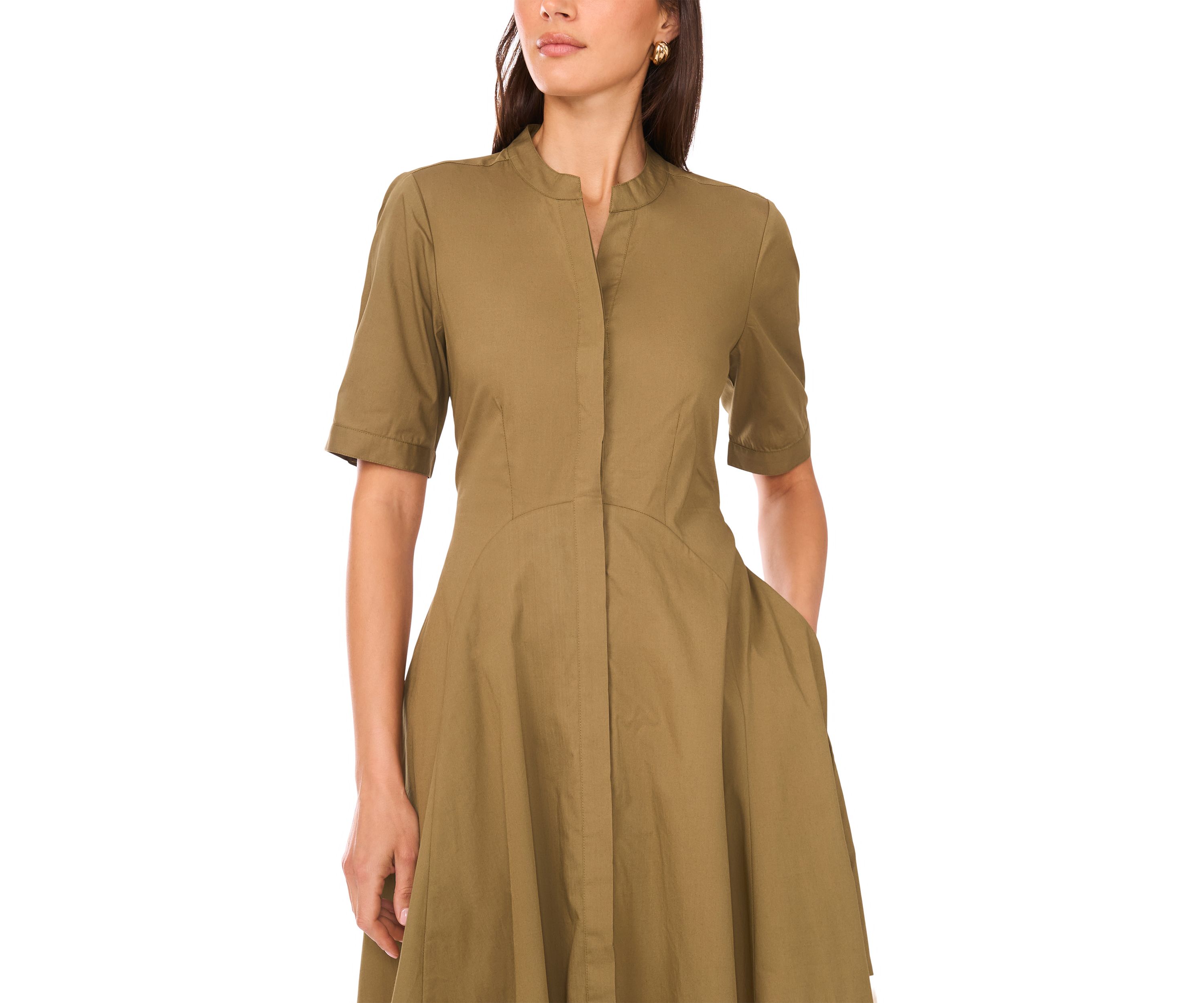 Womens Short Sleeve Collared Split Neck Shirted Dress
