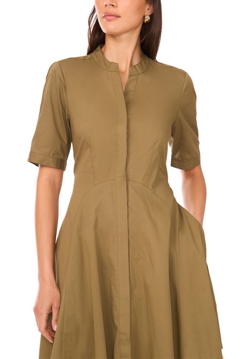 Womens Short Sleeve Collared Split Neck Shirted Dress