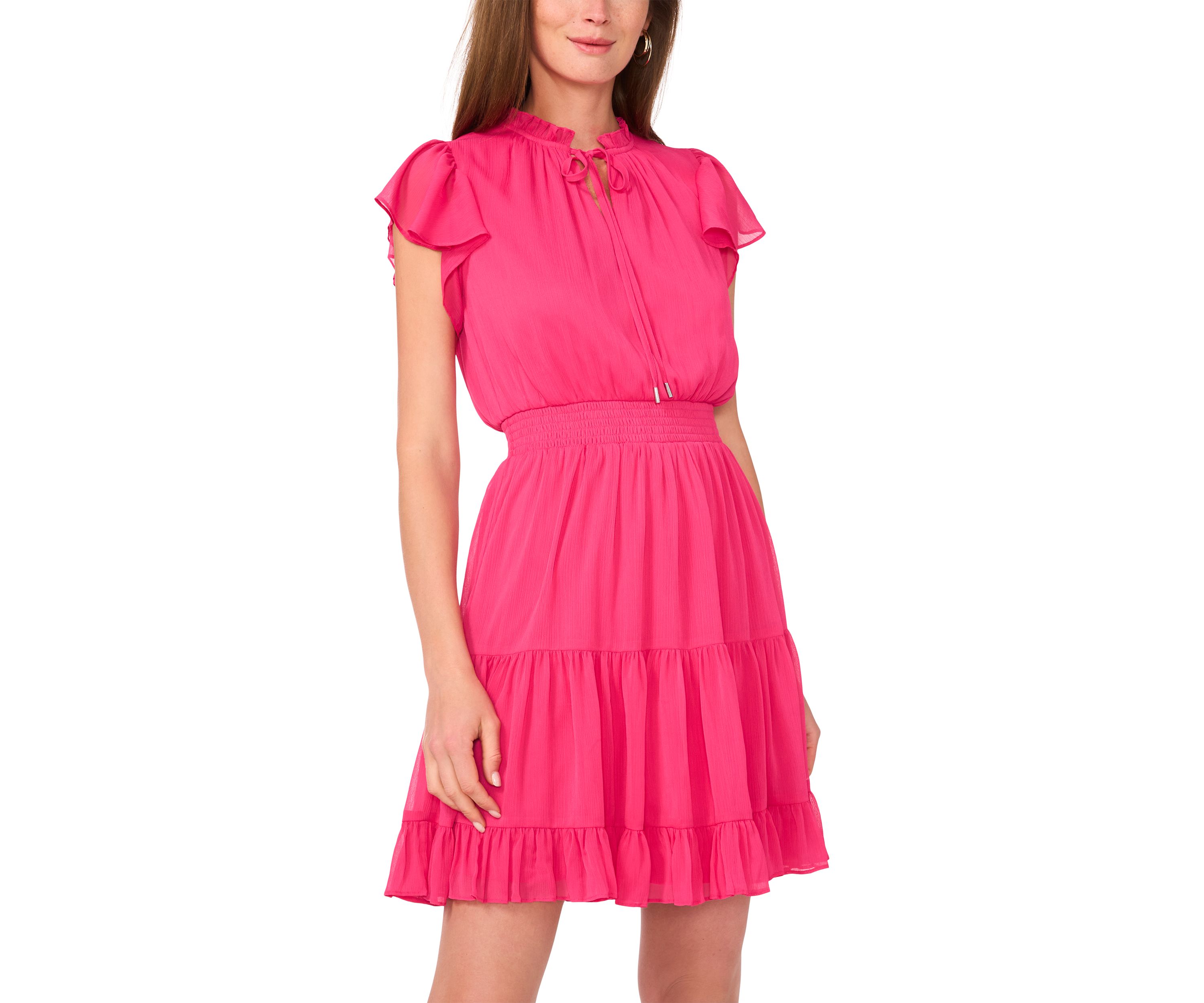 Womens Flutter Sleeve Tie Mock Neck Mini Dress