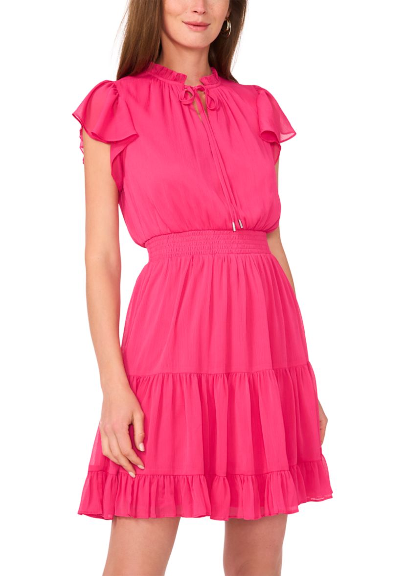 Womens Flutter Sleeve Tie Mock Neck Mini Dress
