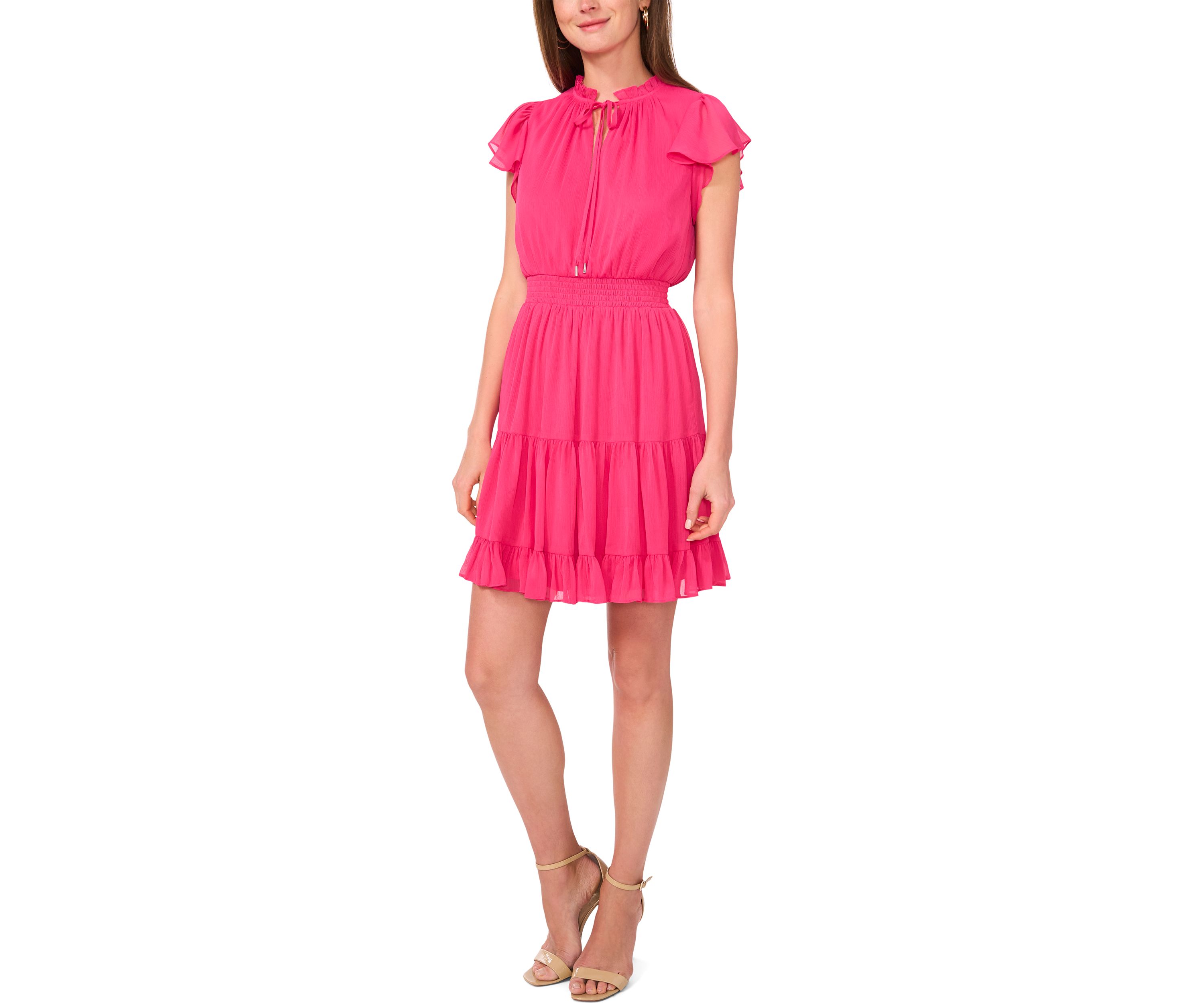 Womens Flutter Sleeve Tie Mock Neck Mini Dress