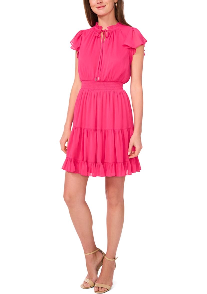 Womens Flutter Sleeve Tie Mock Neck Mini Dress