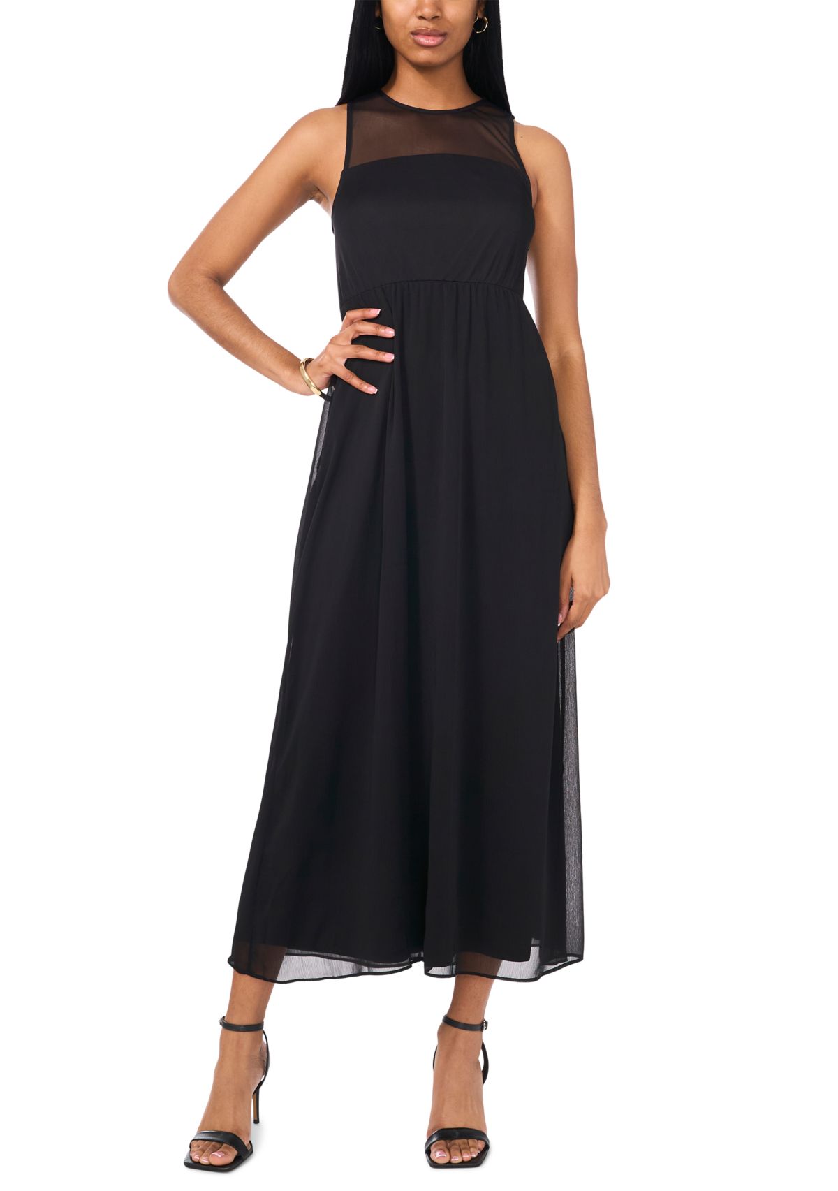 Womens Sleeveless Crew Neck Solid Chiffon Maxi Fit and Flare Dress