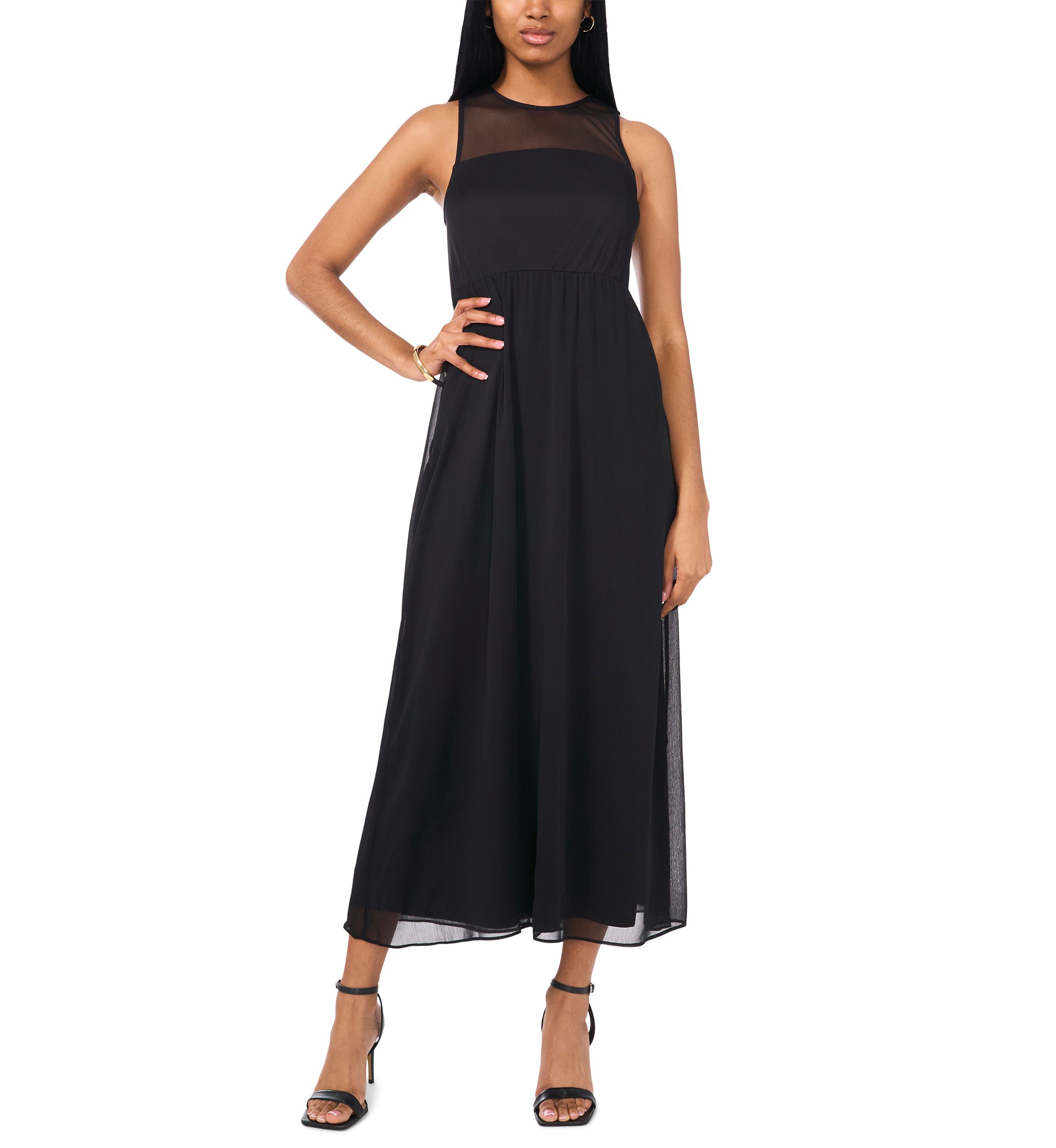 Womens Sleeveless Crew Neck Solid Chiffon Maxi Fit and Flare Dress