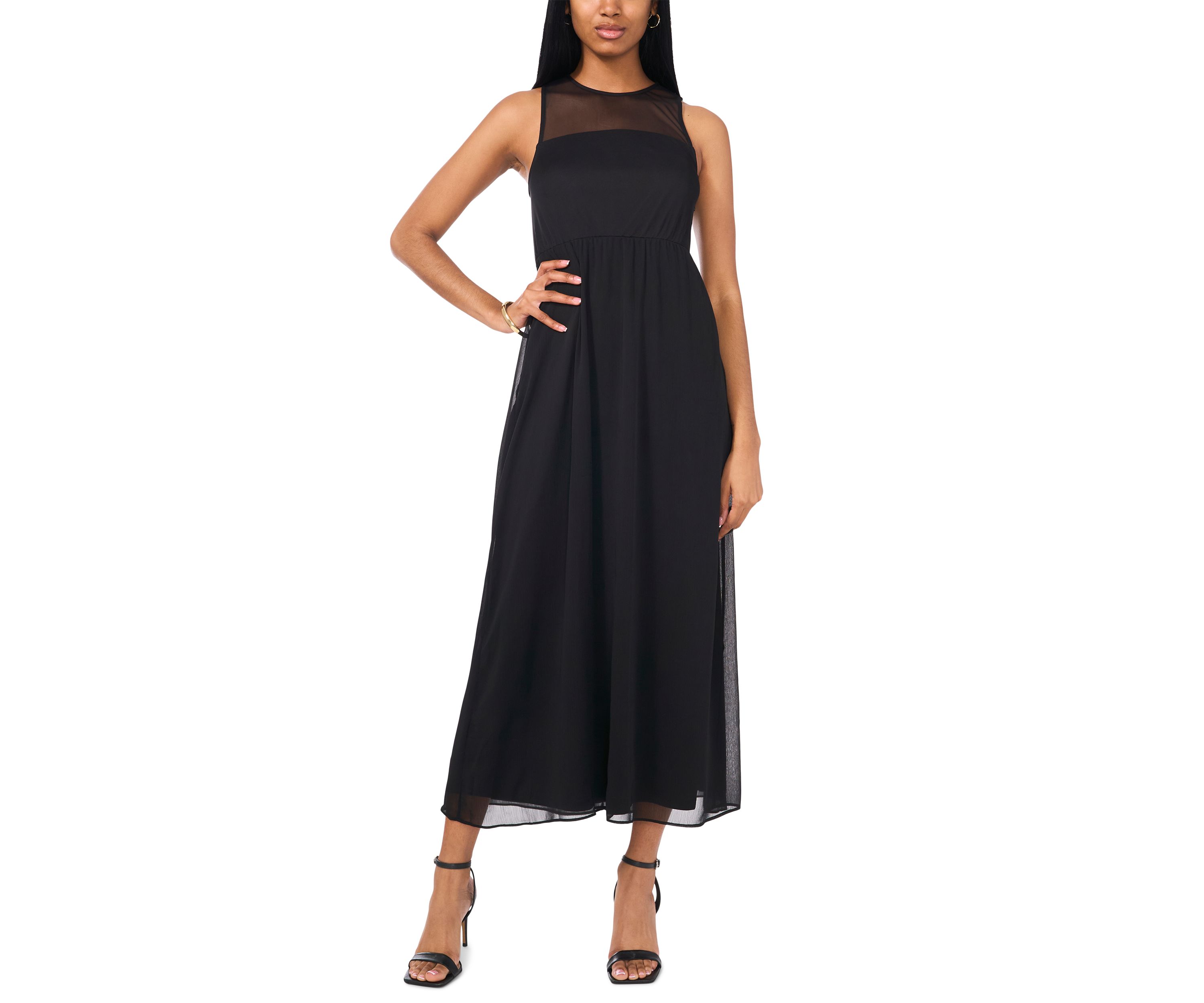 Womens Sleeveless Crew Neck Solid Chiffon Maxi Fit and Flare Dress