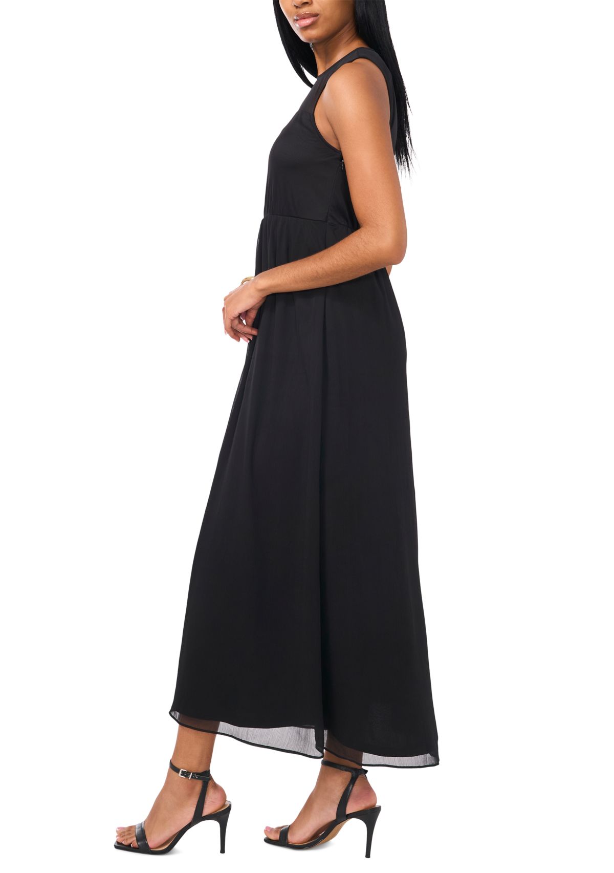 Womens Sleeveless Crew Neck Solid Chiffon Maxi Fit and Flare Dress