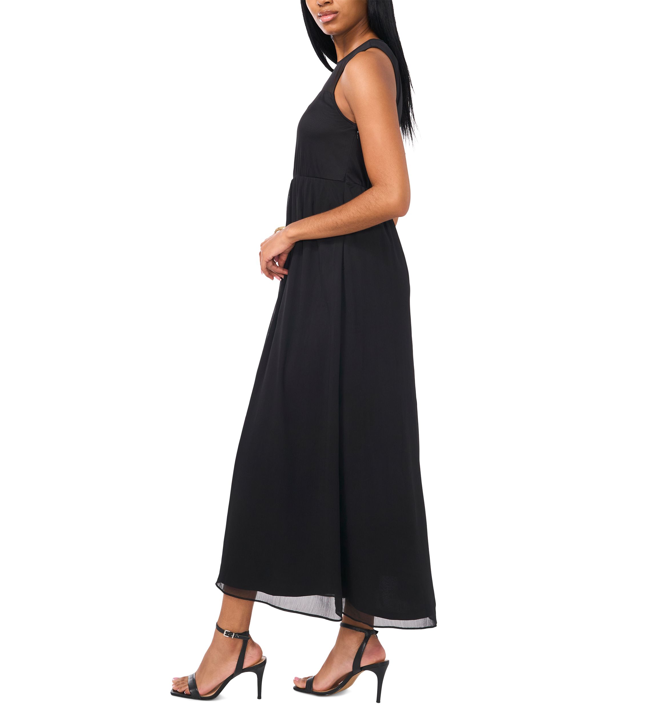 Womens Sleeveless Crew Neck Solid Chiffon Maxi Fit and Flare Dress
