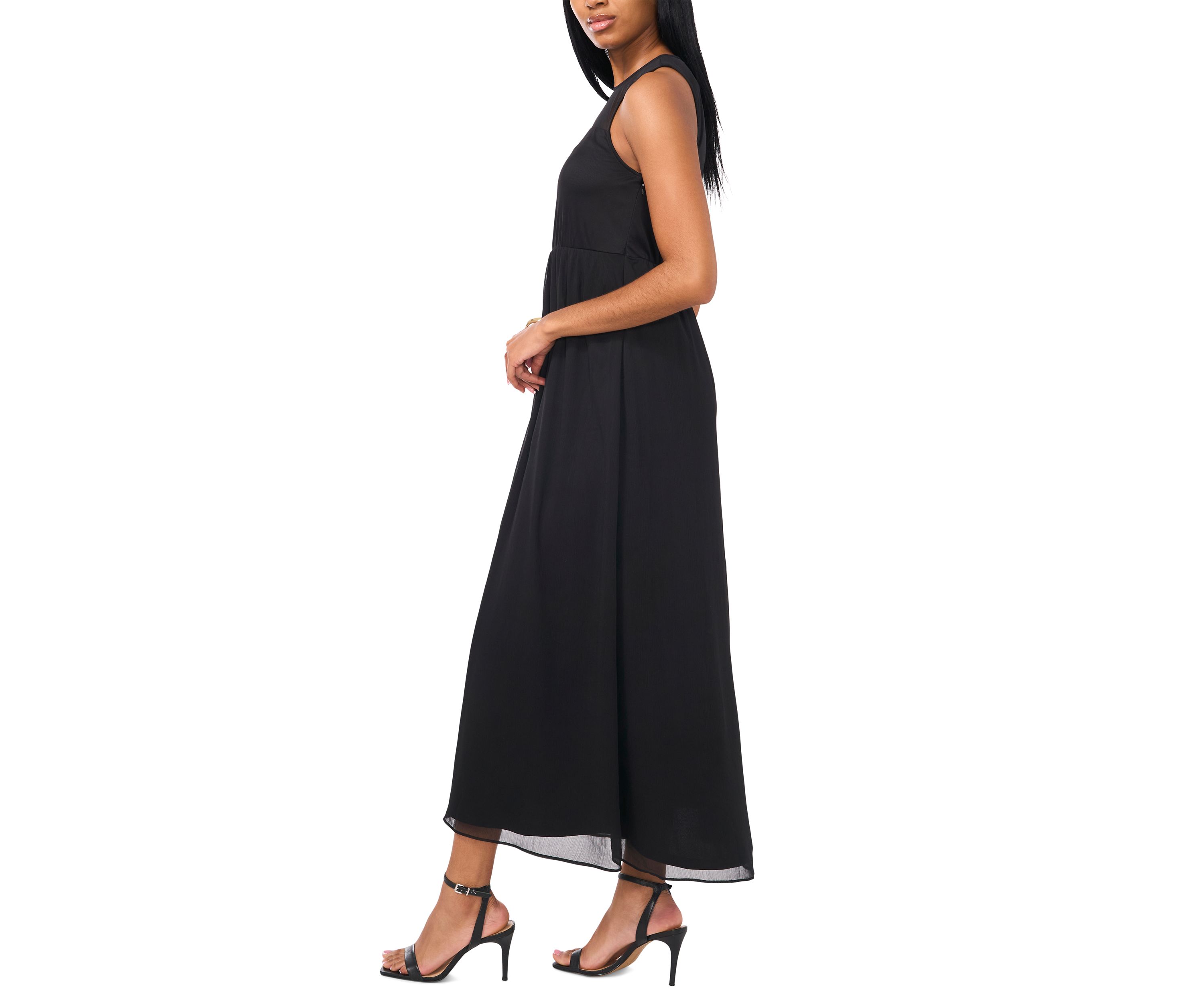 Womens Sleeveless Crew Neck Solid Chiffon Maxi Fit and Flare Dress