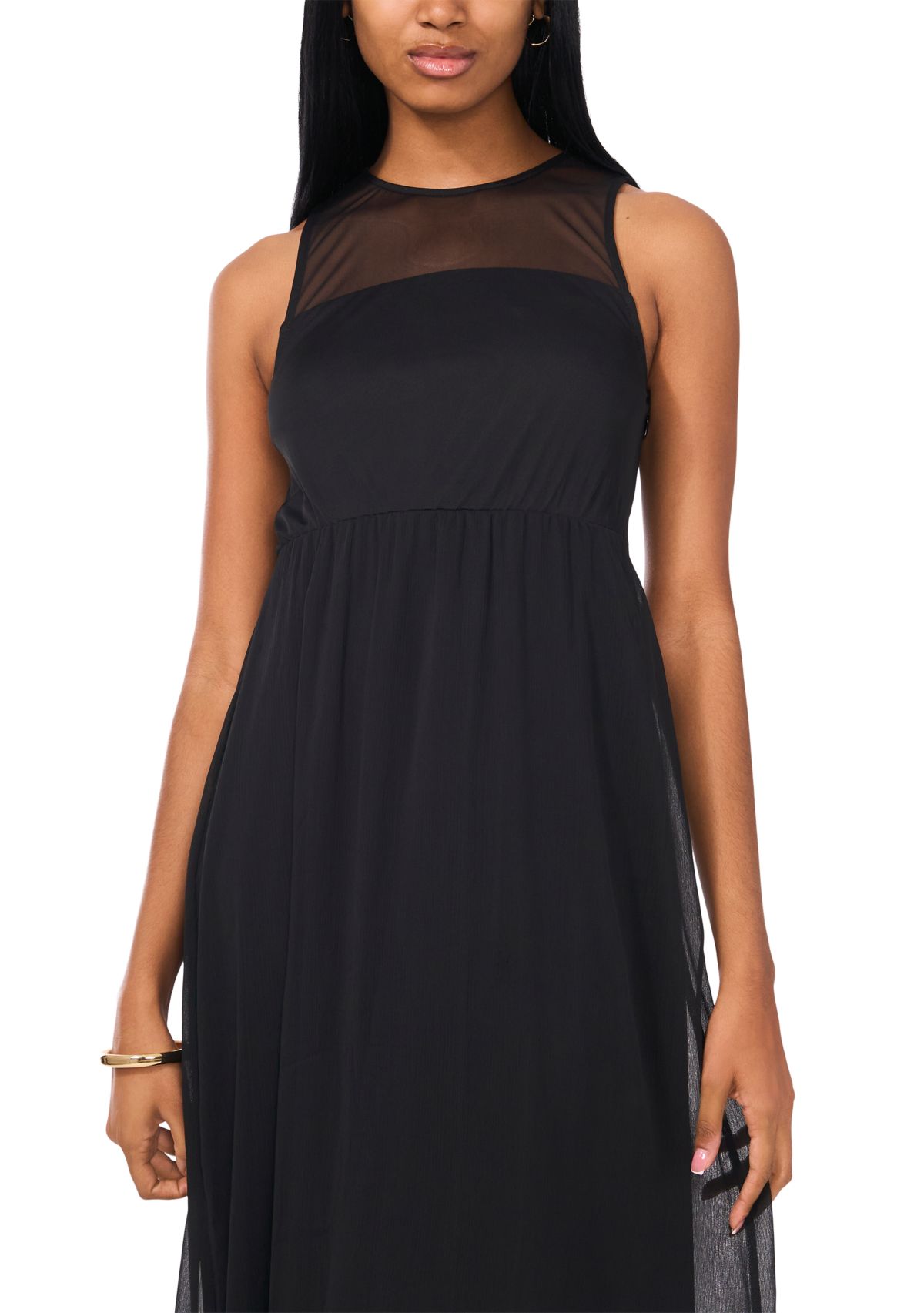 Womens Sleeveless Crew Neck Solid Chiffon Maxi Fit and Flare Dress