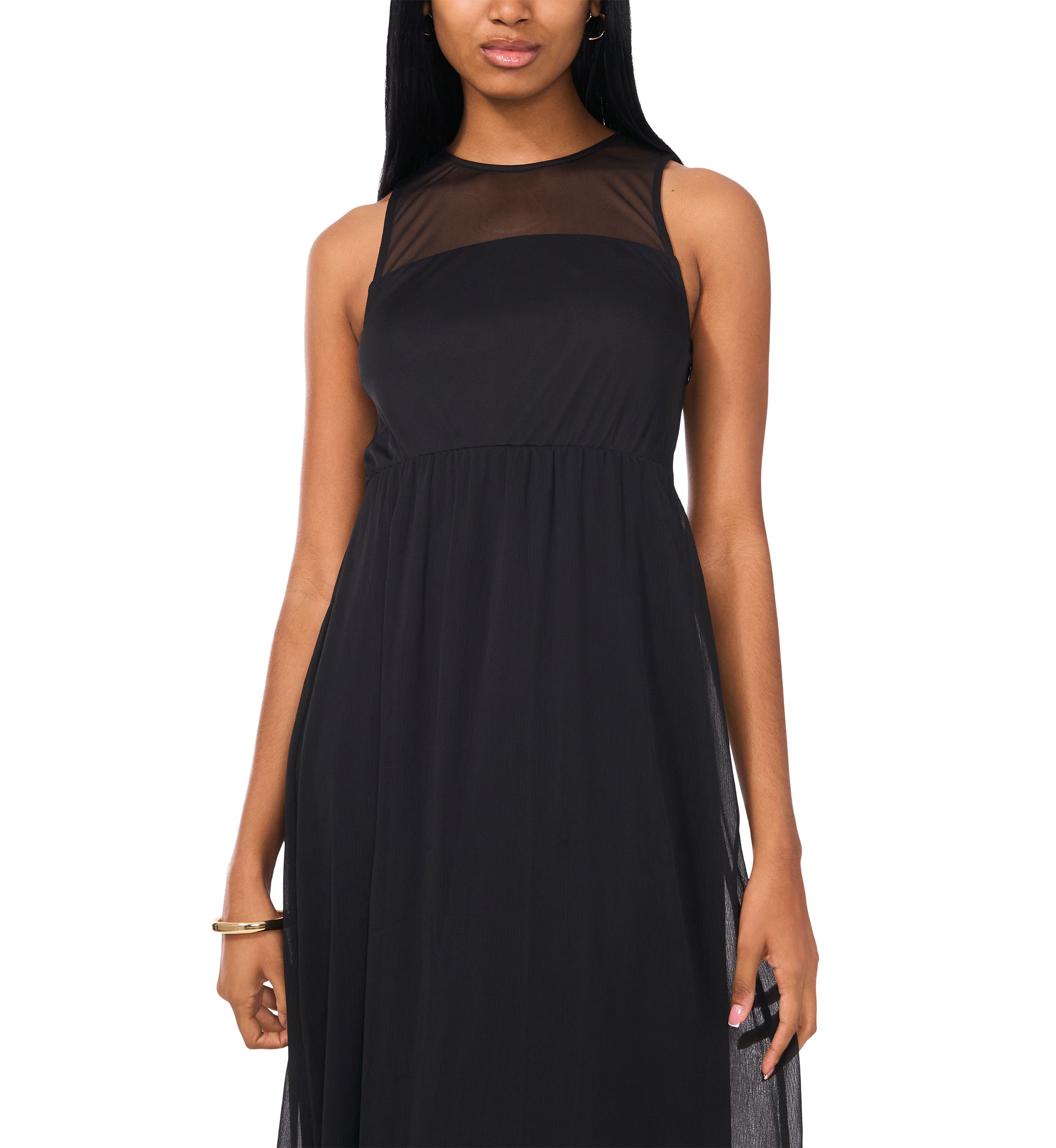 Womens Sleeveless Crew Neck Solid Chiffon Maxi Fit and Flare Dress