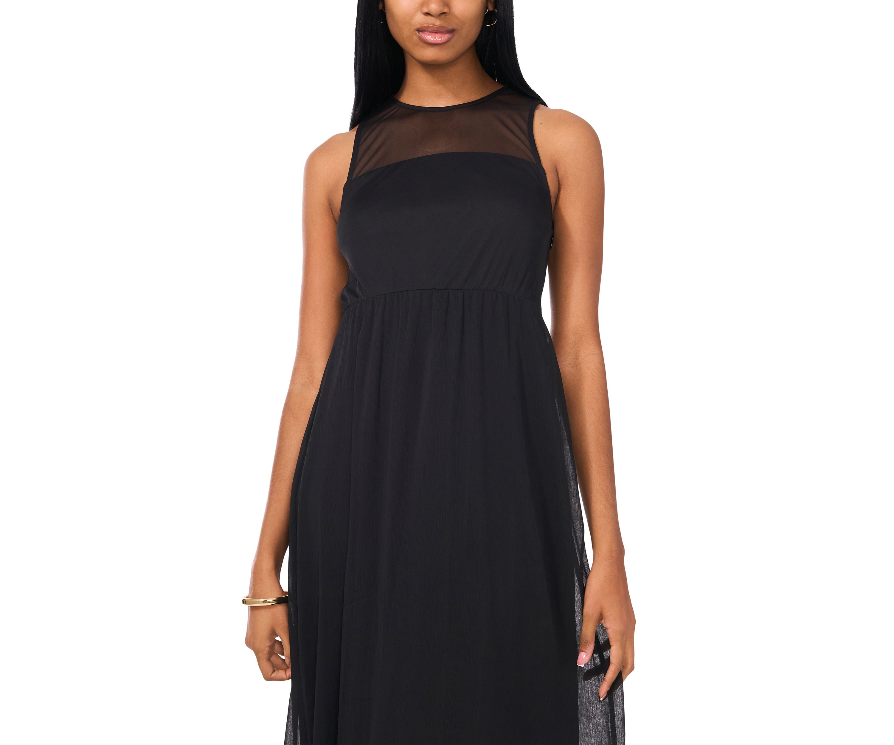 Womens Sleeveless Crew Neck Solid Chiffon Maxi Fit and Flare Dress