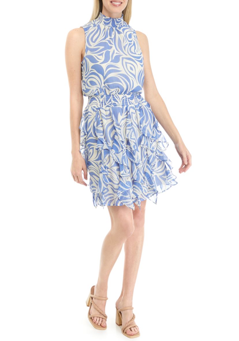 Womens Sleeveless Mock Neck Abstract Print Ruffle Fit and Flare Dress