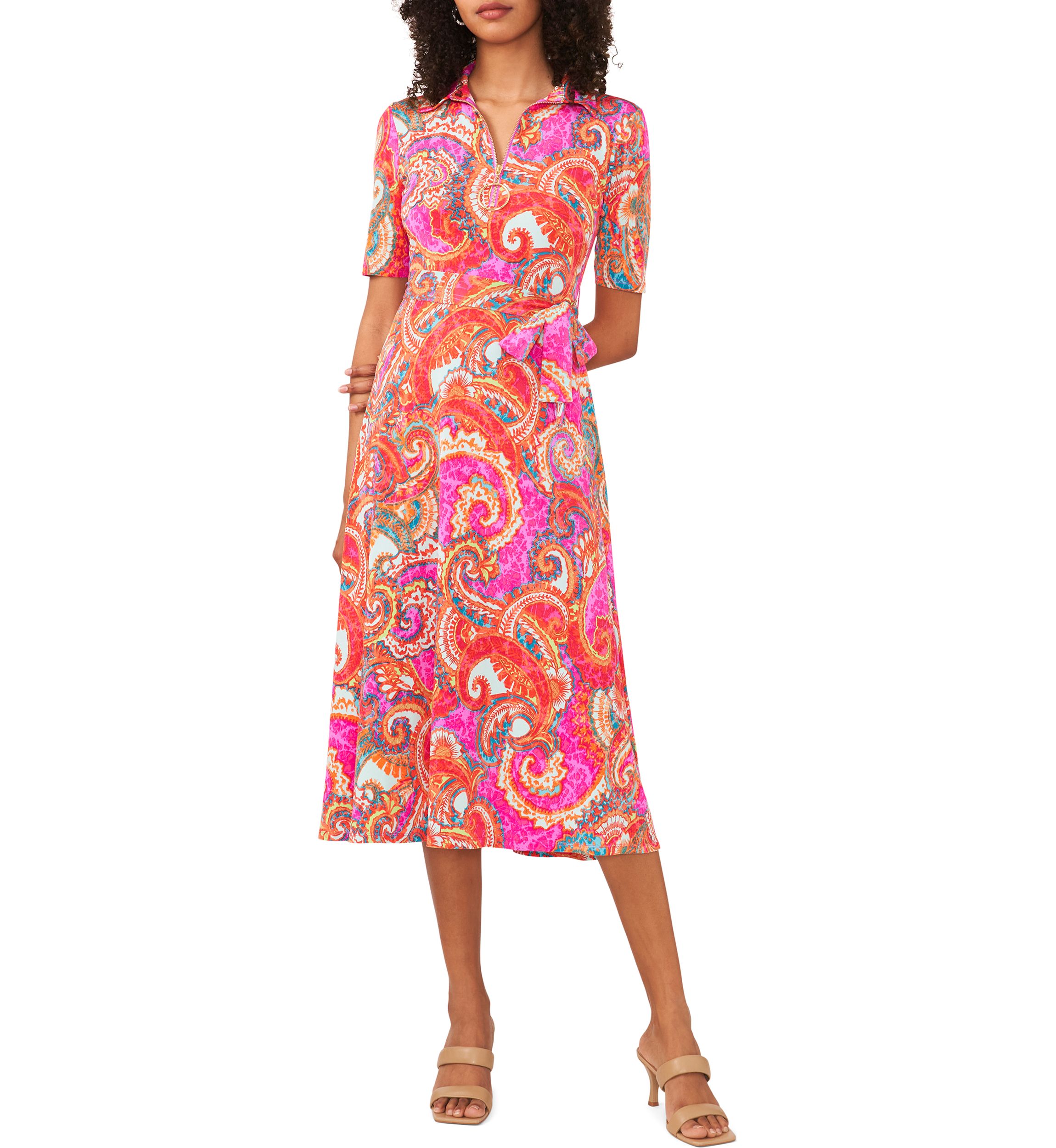 Womens Short Sleeve Paisley Print Tie Waist Fit and Flare Midi Dress