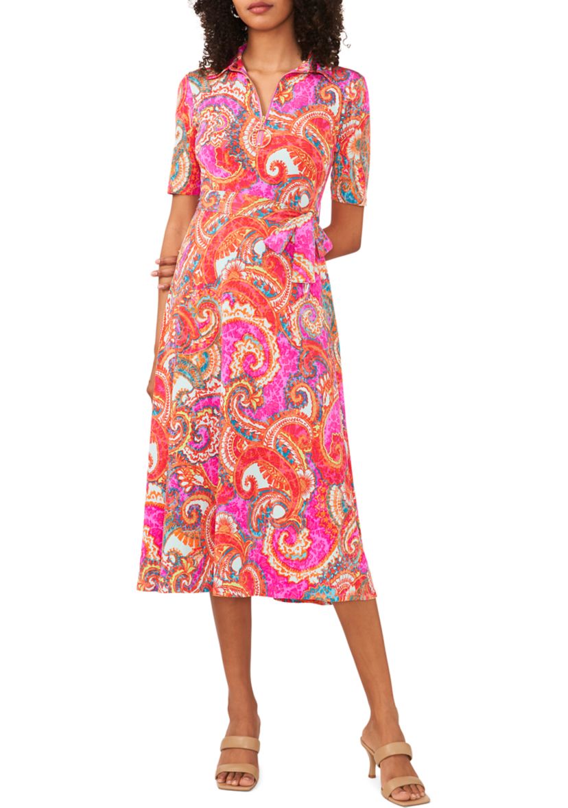 Womens Short Sleeve Paisley Print Tie Waist Fit and Flare Midi Dress