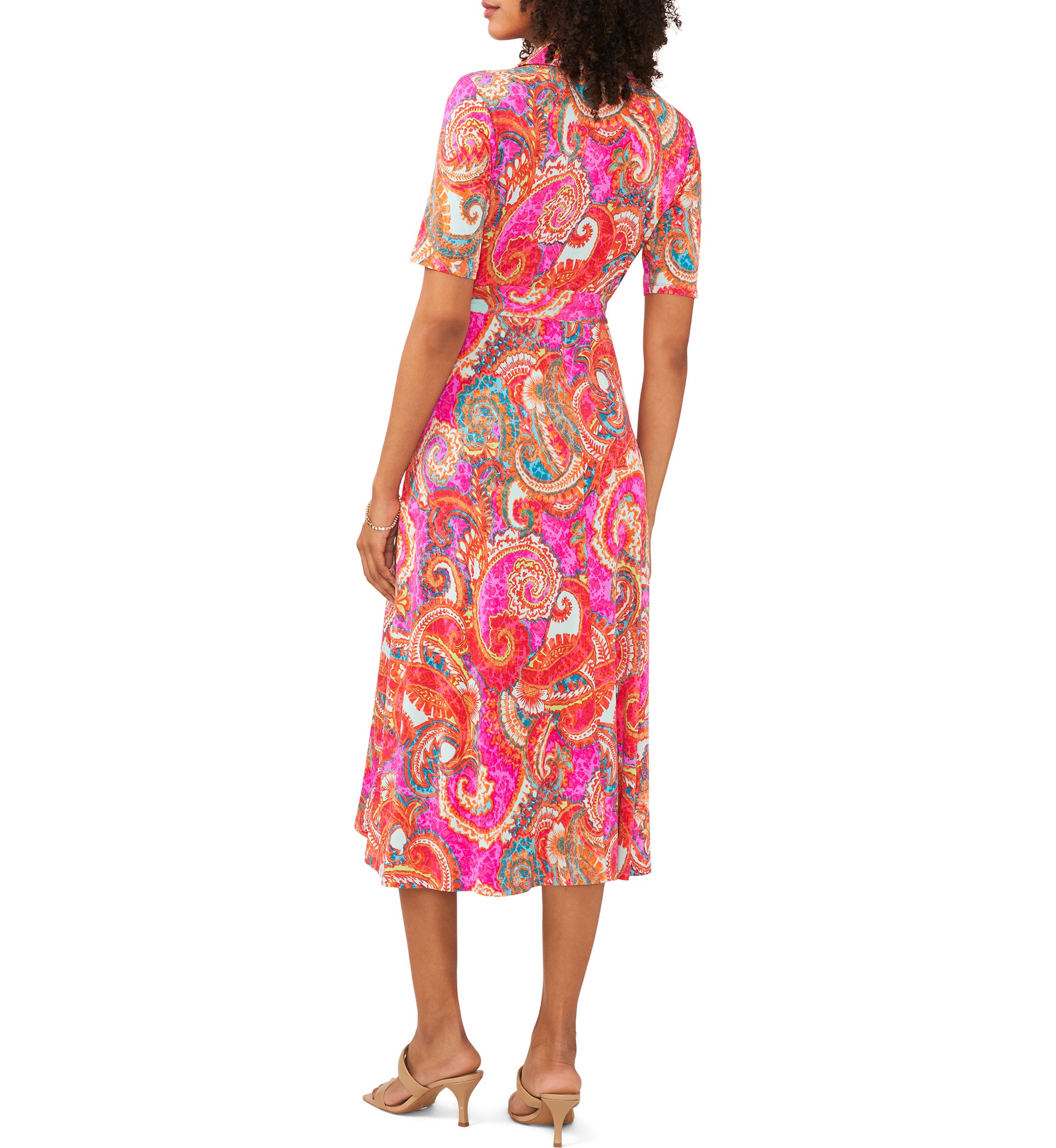 Womens Short Sleeve Paisley Print Tie Waist Fit and Flare Midi Dress