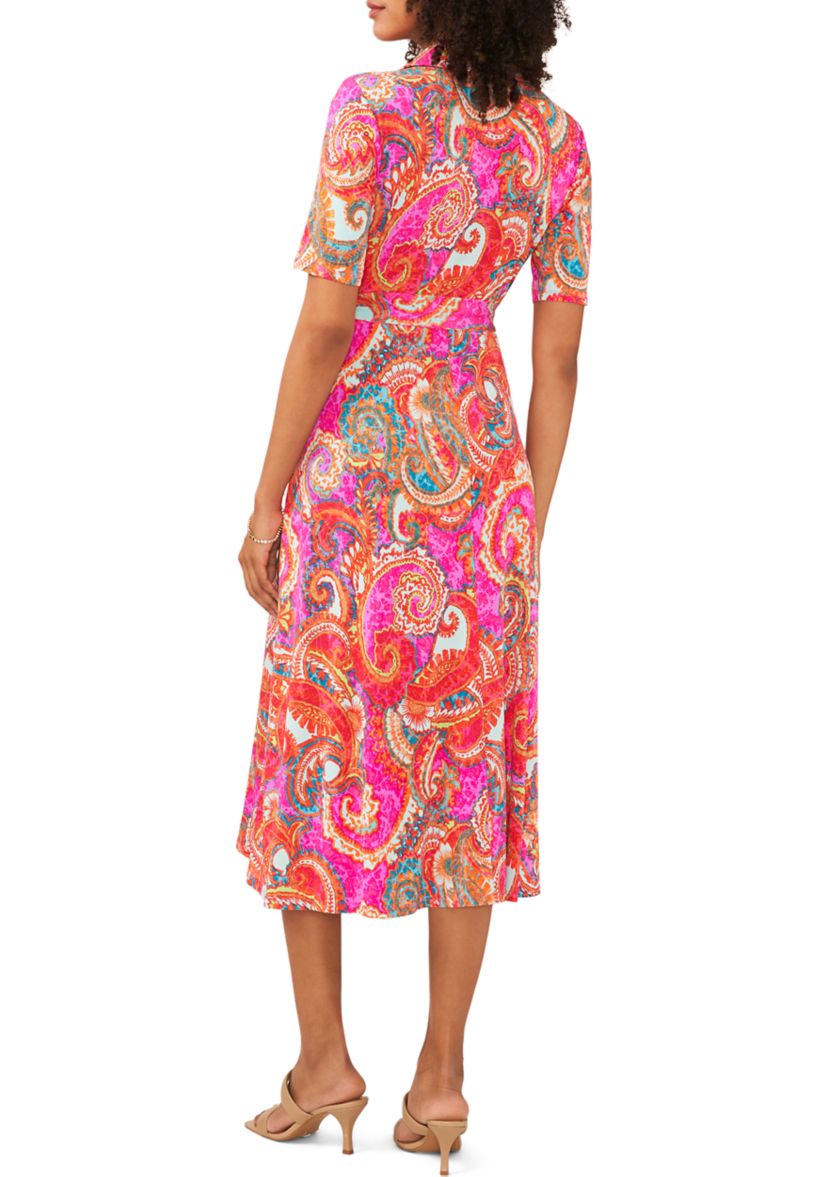 Womens Short Sleeve Paisley Print Tie Waist Fit and Flare Midi Dress