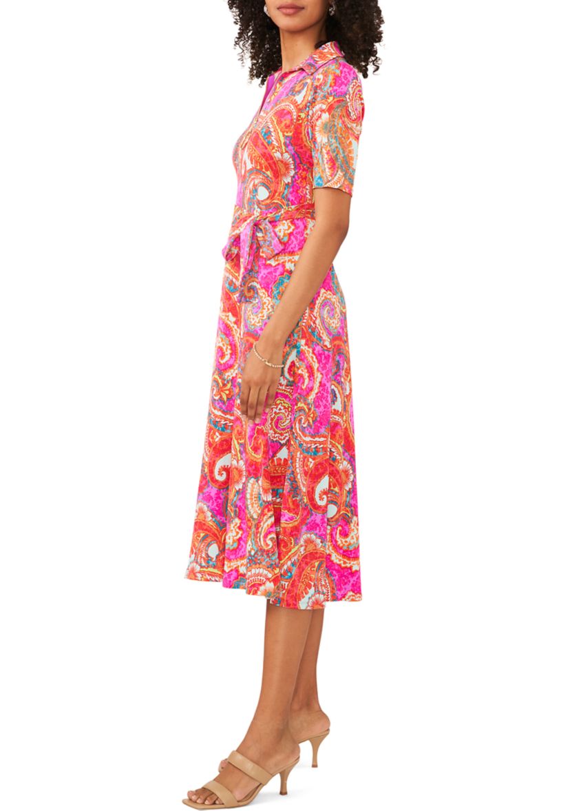 Womens Short Sleeve Paisley Print Tie Waist Fit and Flare Midi Dress