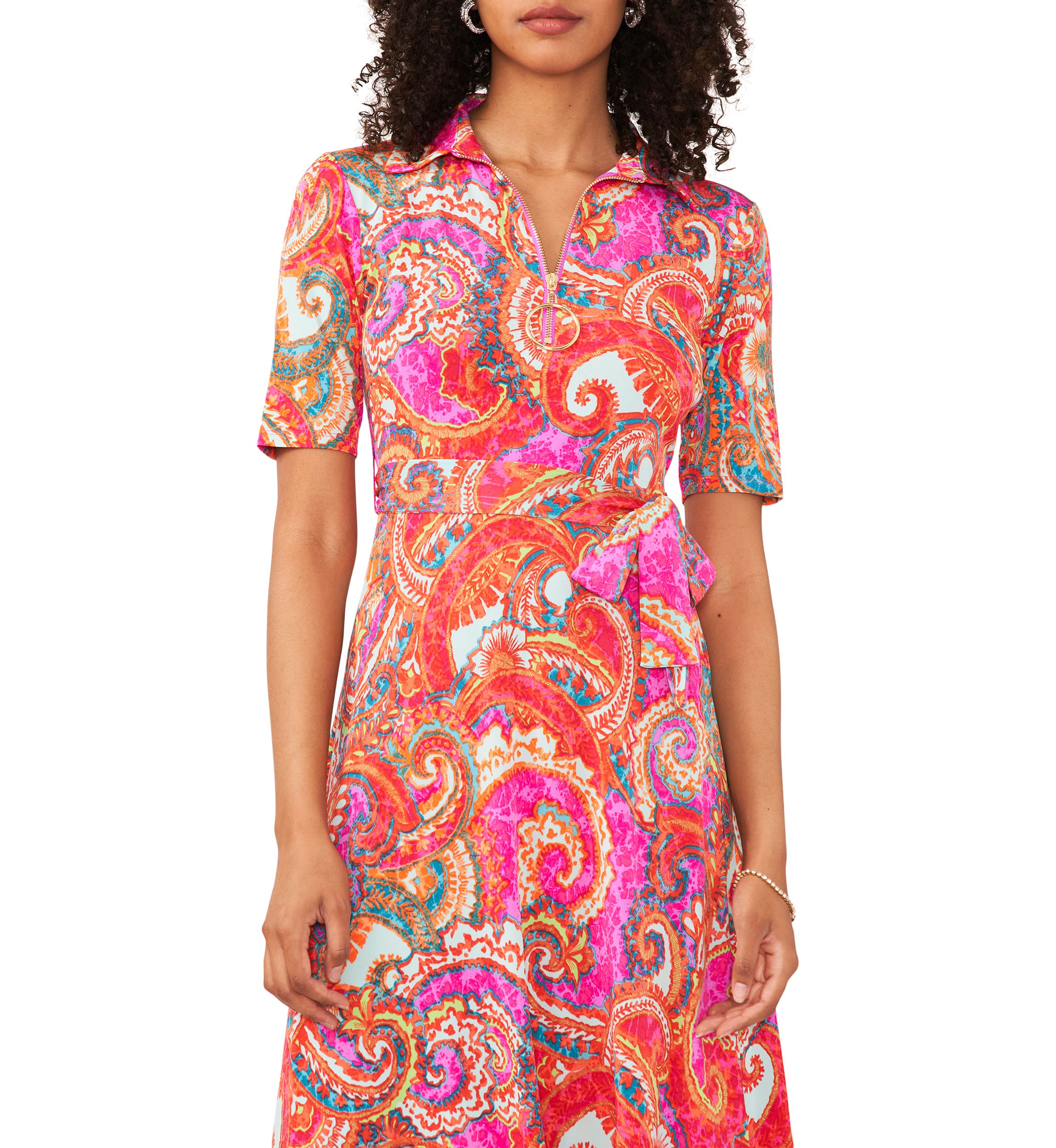 Womens Short Sleeve Paisley Print Tie Waist Fit and Flare Midi Dress