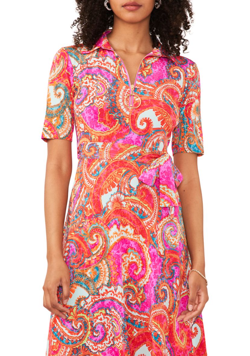 Womens Short Sleeve Paisley Print Tie Waist Fit and Flare Midi Dress