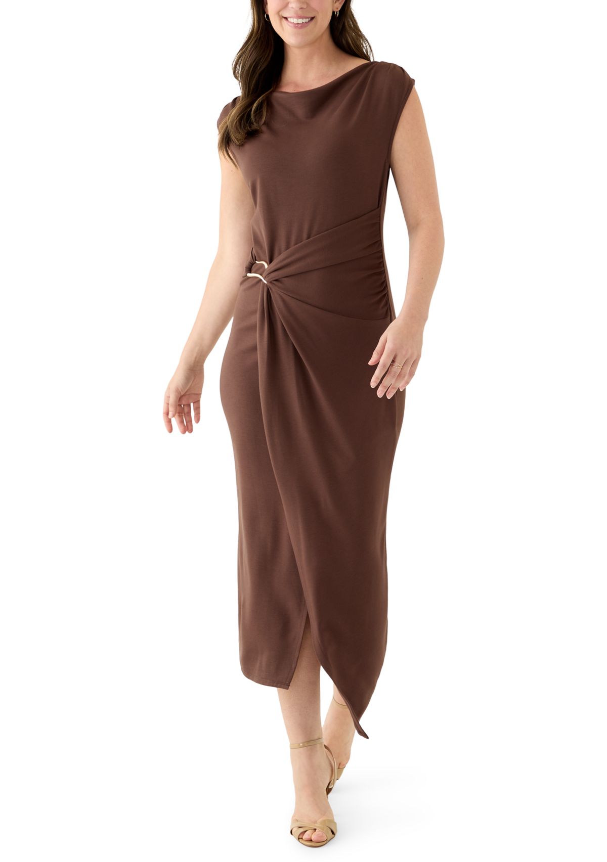 Womens Mock Neck Ruched Ponte Maxi Dress