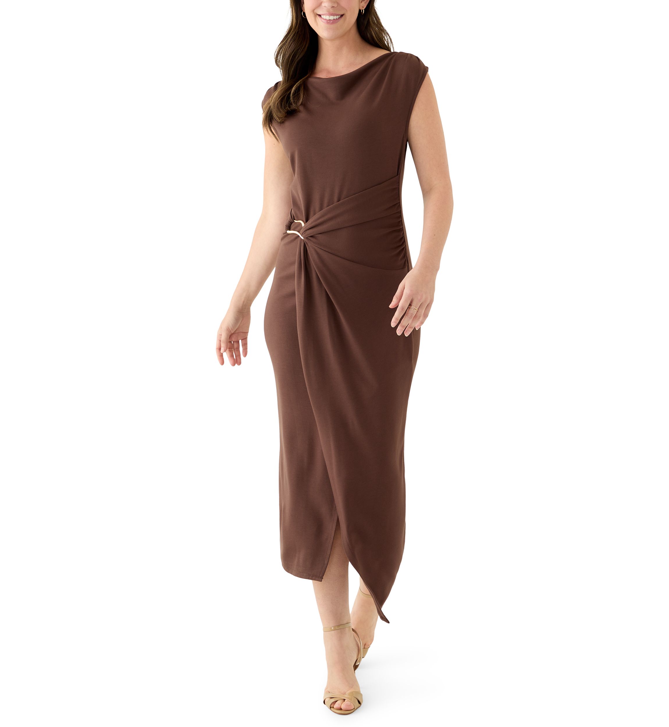 Womens Mock Neck Ruched Ponte Maxi Dress