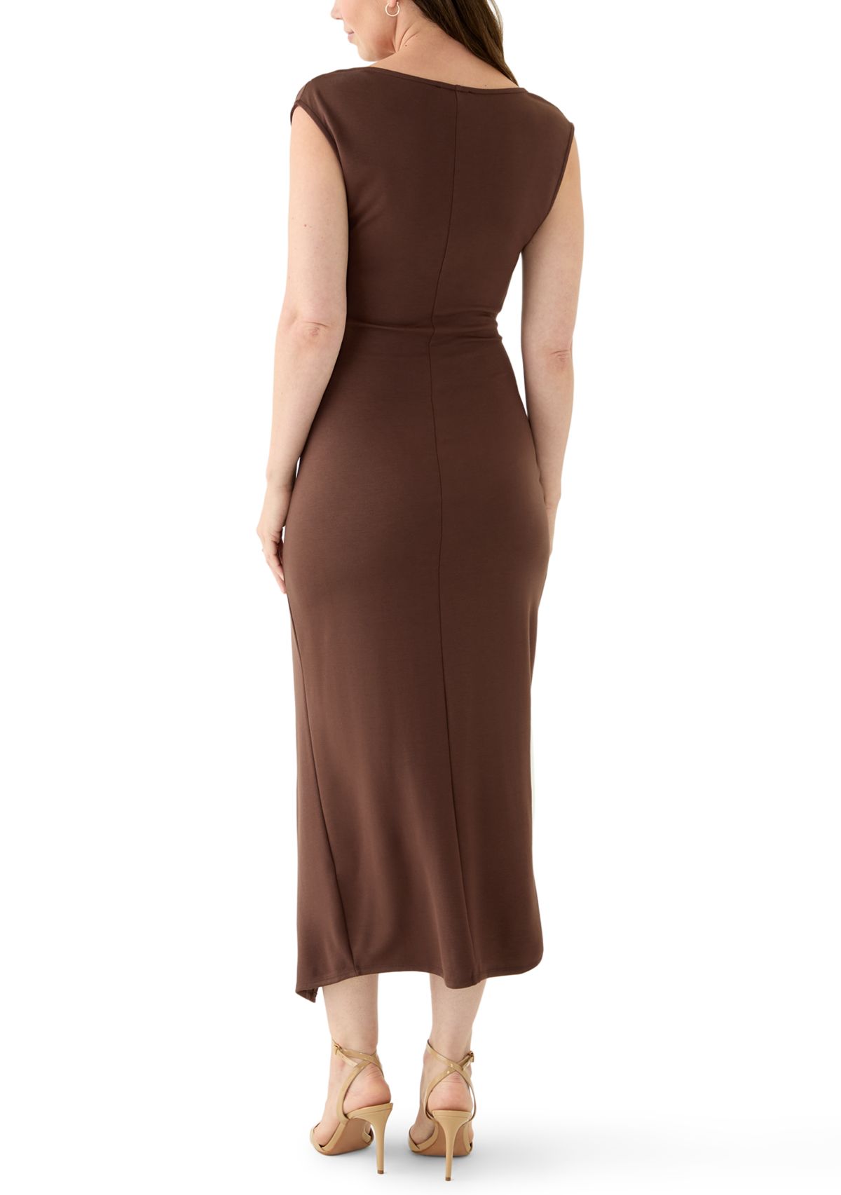 Womens Mock Neck Ruched Ponte Maxi Dress